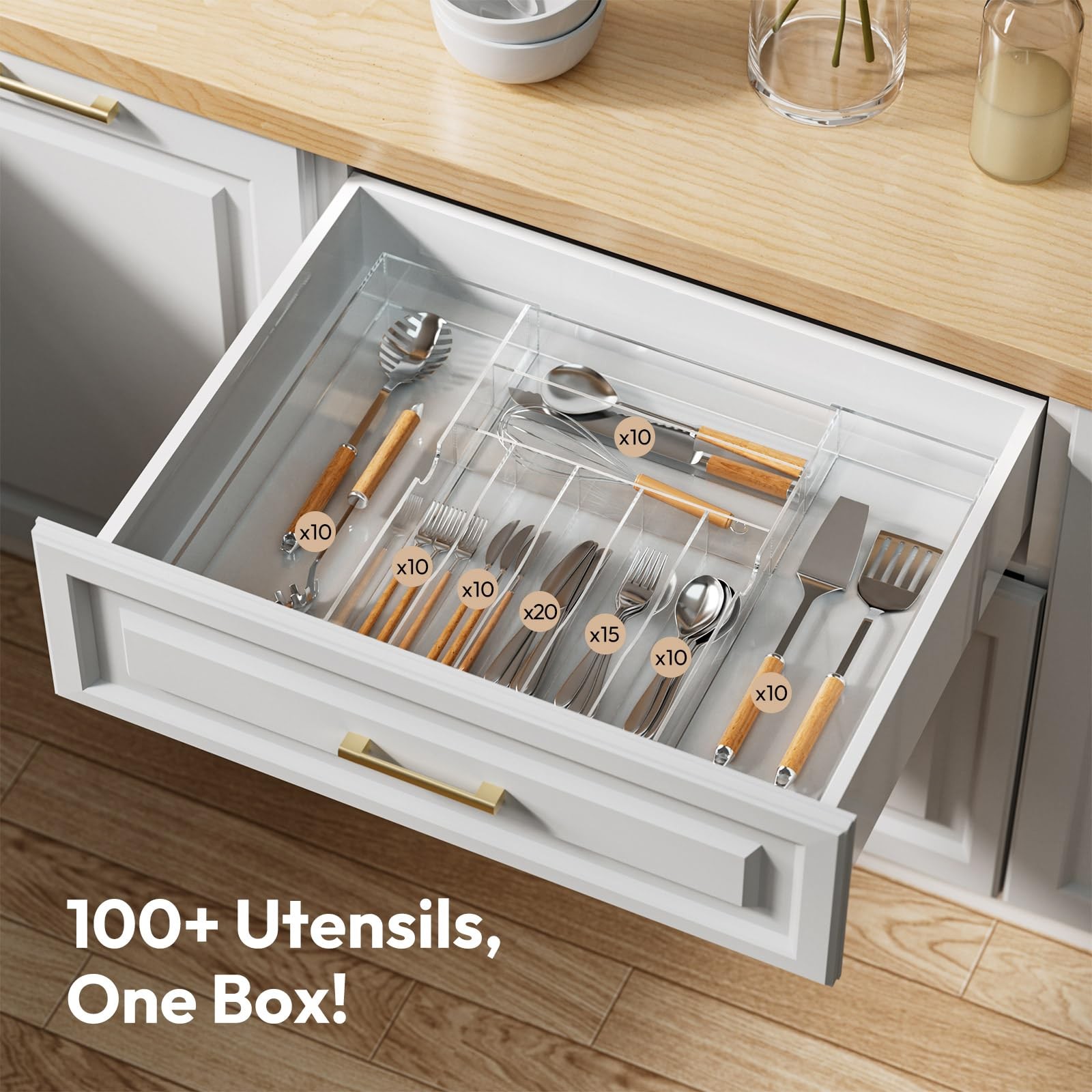 NIUBEE Expandable Kitchen Drawer Organizer 17×16.3×2.7 inch, Acrylic Clear