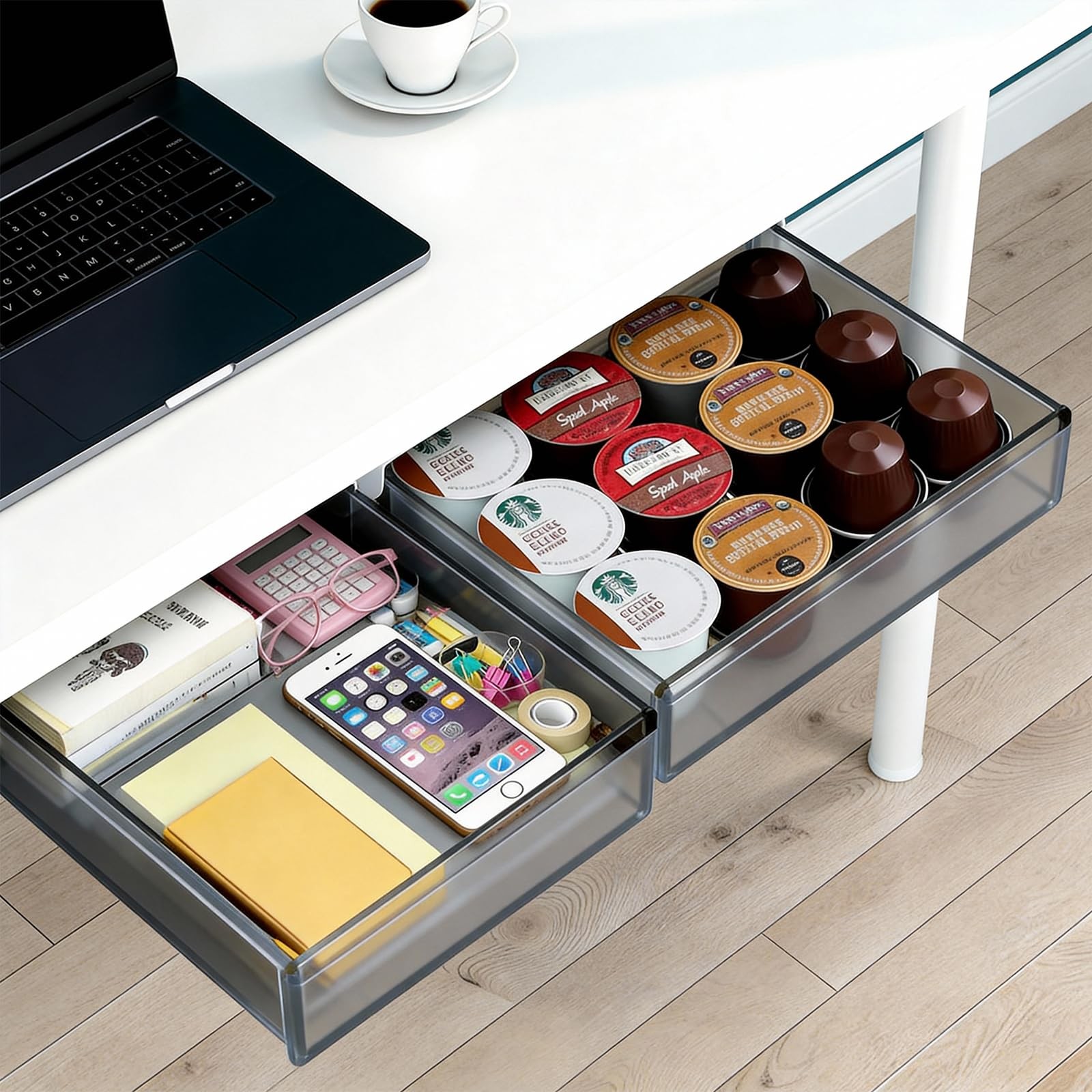 Under Desk Drawer Set of 2, Smooth Slide-Out Storage (Medium/Small), Thick PE…
