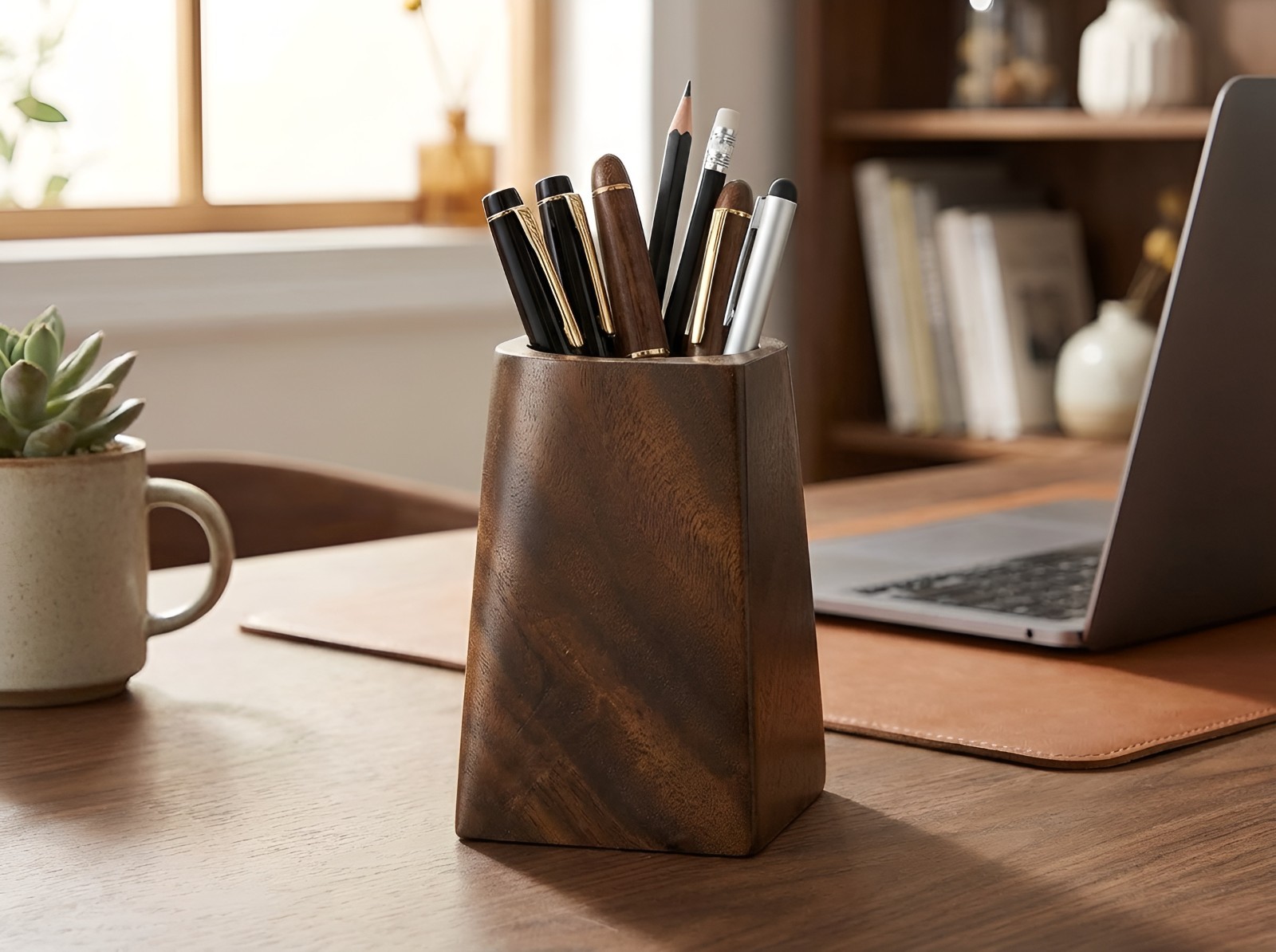 Walnut Wooden desktop pen pot organizer home office decor housewarming gift