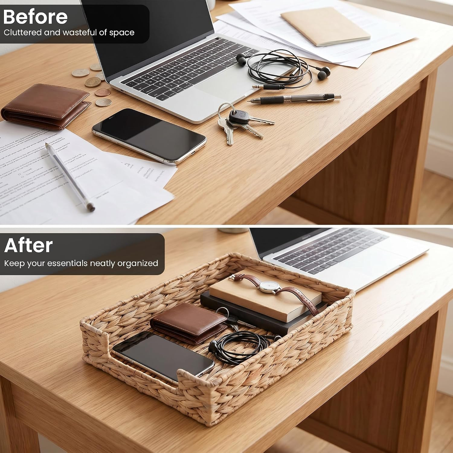 Letter Tray Water Hyacinth, Wicker Desk Organizer for Office Supplies Mail | Des