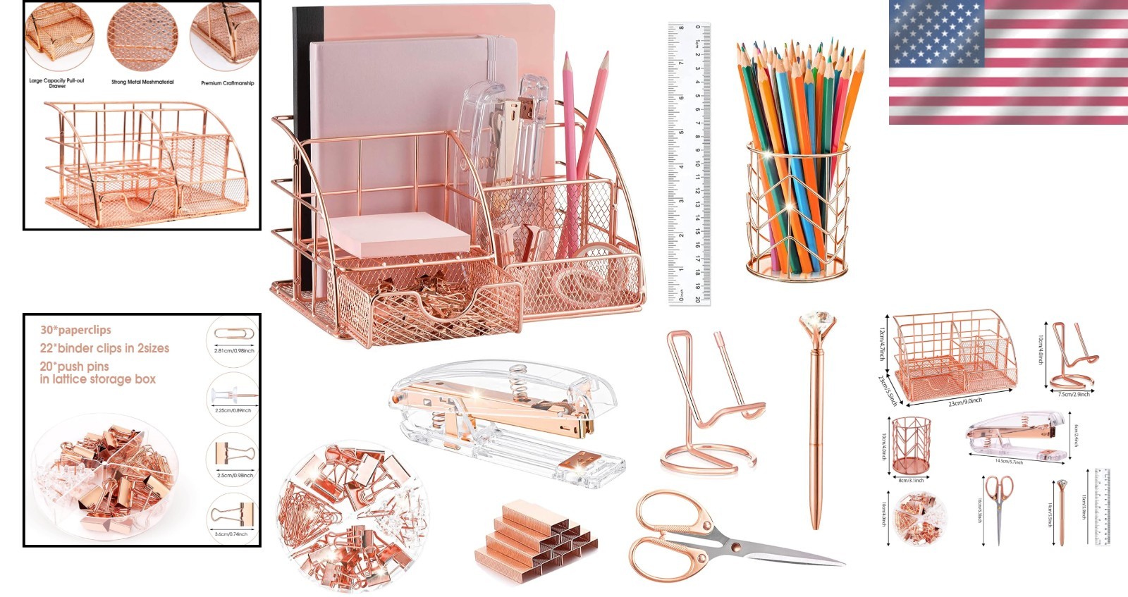 Elegant Rose Gold Desk Accessories Set: Includes Stapler, Clips & More