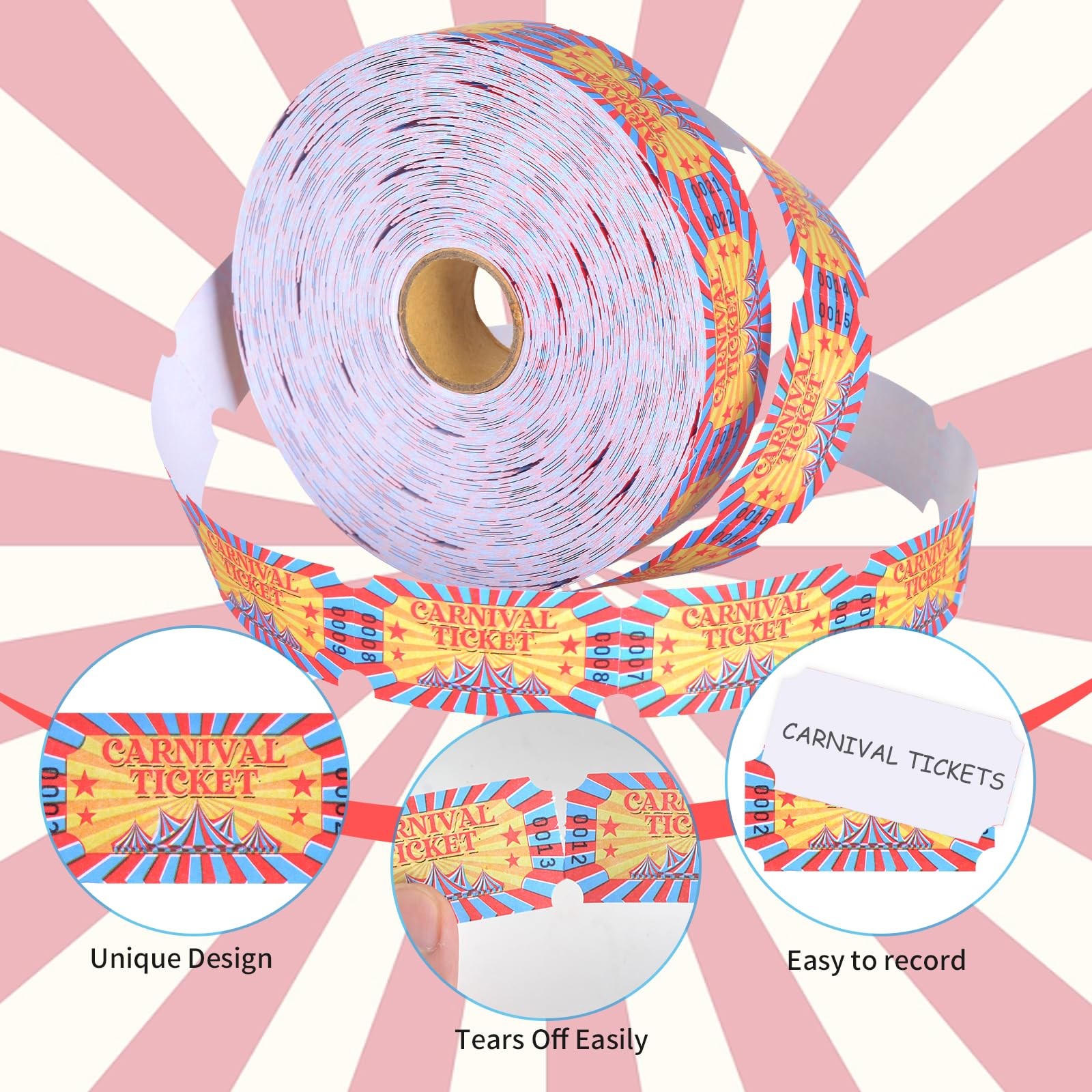 1000 Pieces Carnival Roll Tickets Raffle Single 1000 Pcs, Red