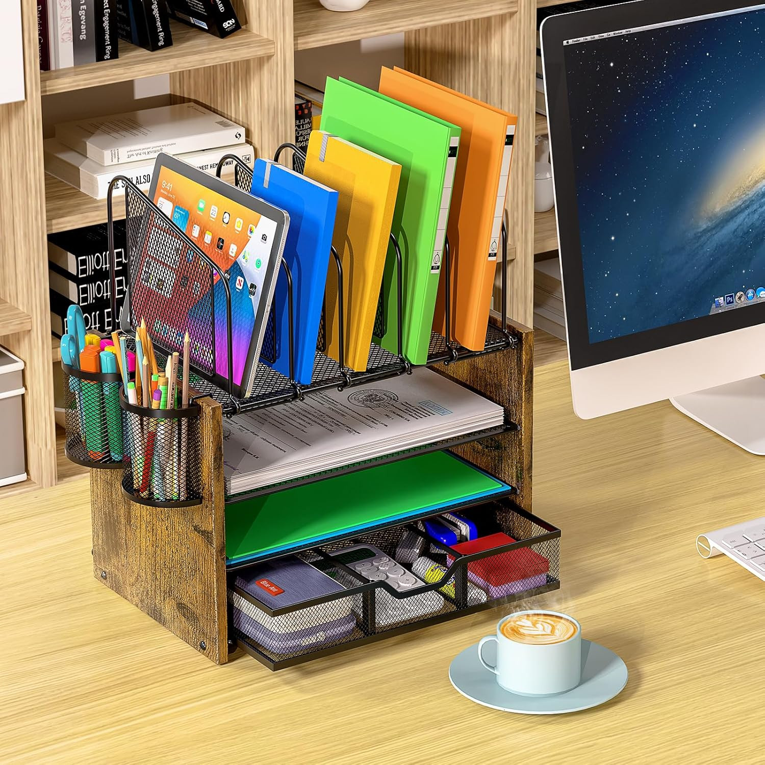 DAOUTIME 4-Tier Mesh Desk Organizer, Wooden Desk File Organizer with 5 Vertical