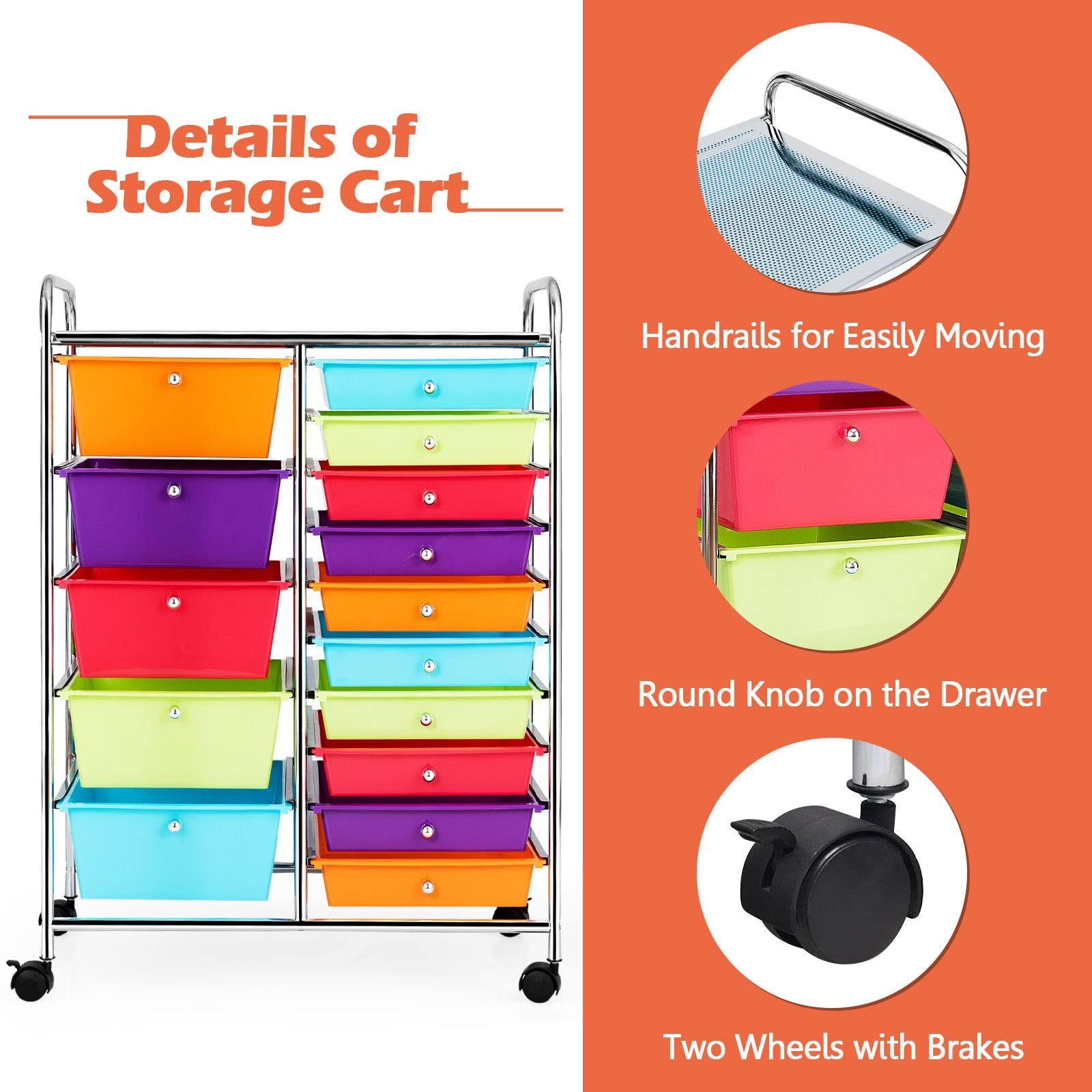 KOTEK 15-Drawer Rolling Storage Cart, Multipurpose Mobile Multicolor-combo2