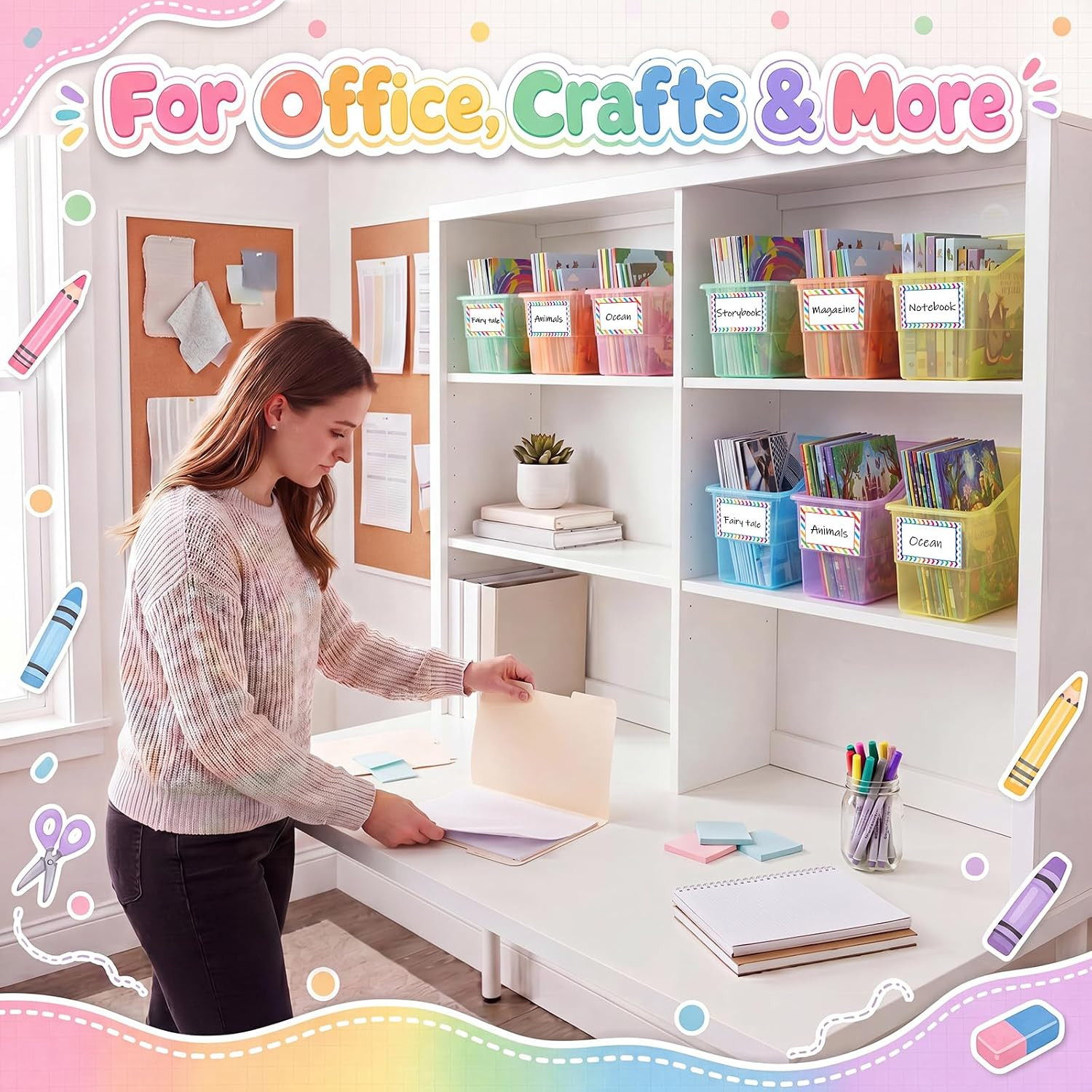6 Set Book Bins for Classroom with Label Sticker Book Box Baskets Plastic Stacka