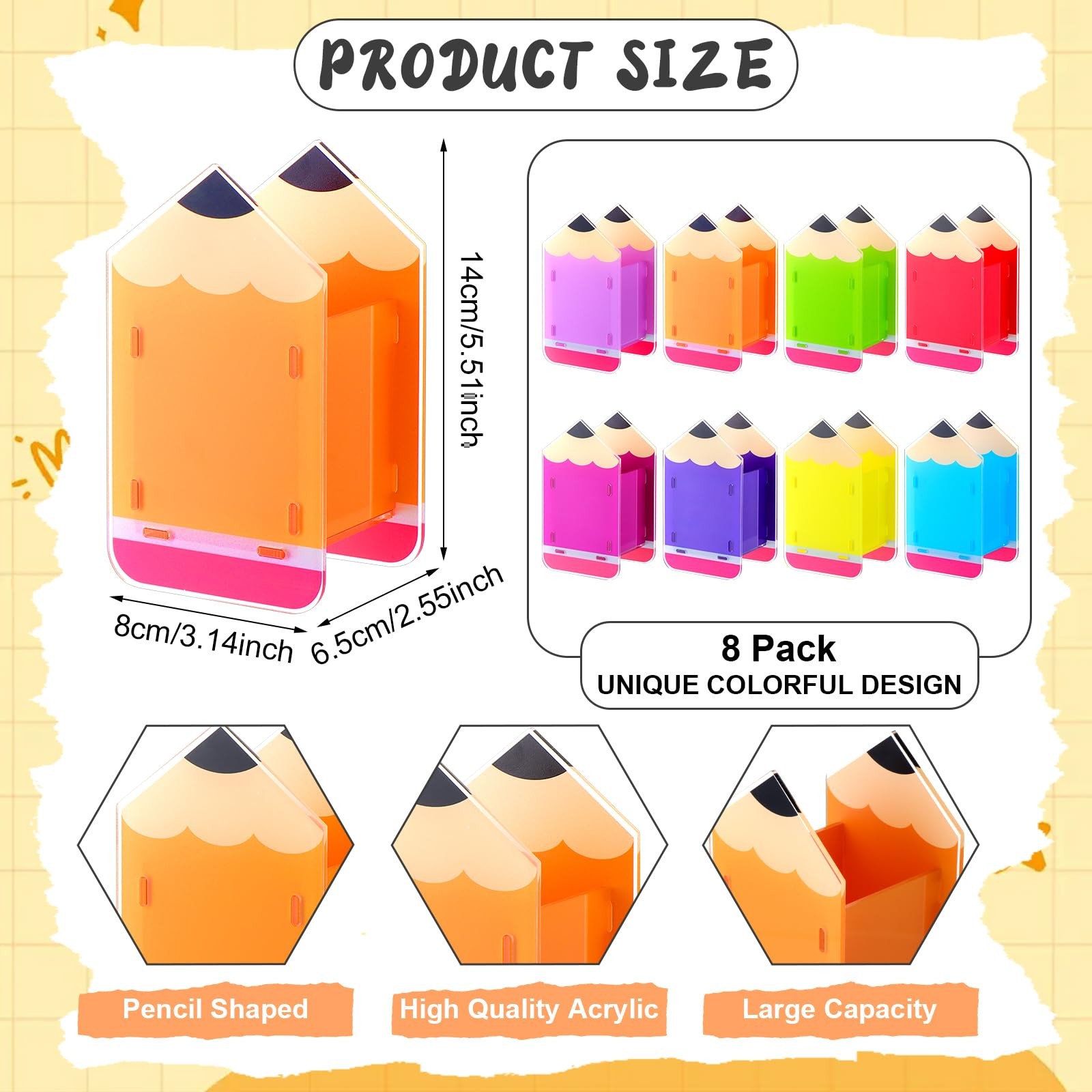 8 Pcs Pencil Shaped Holder Acrylic Pen Holders Colored Dispenser Storage Orga…