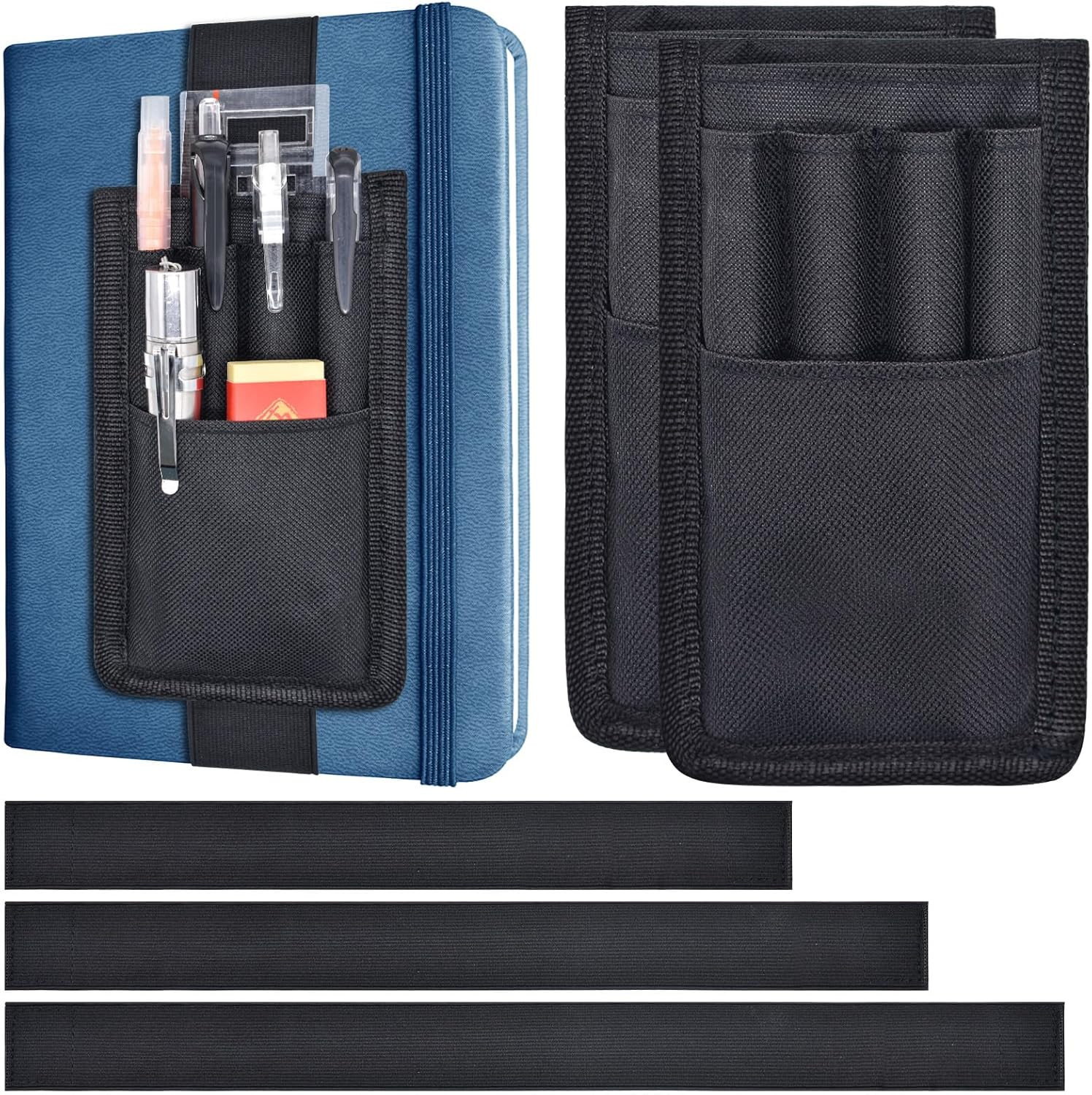 2 Pcs Pen Holder for Notebook, 3 Adjustable Elastic Bands with 2 Pencil Clips fo
