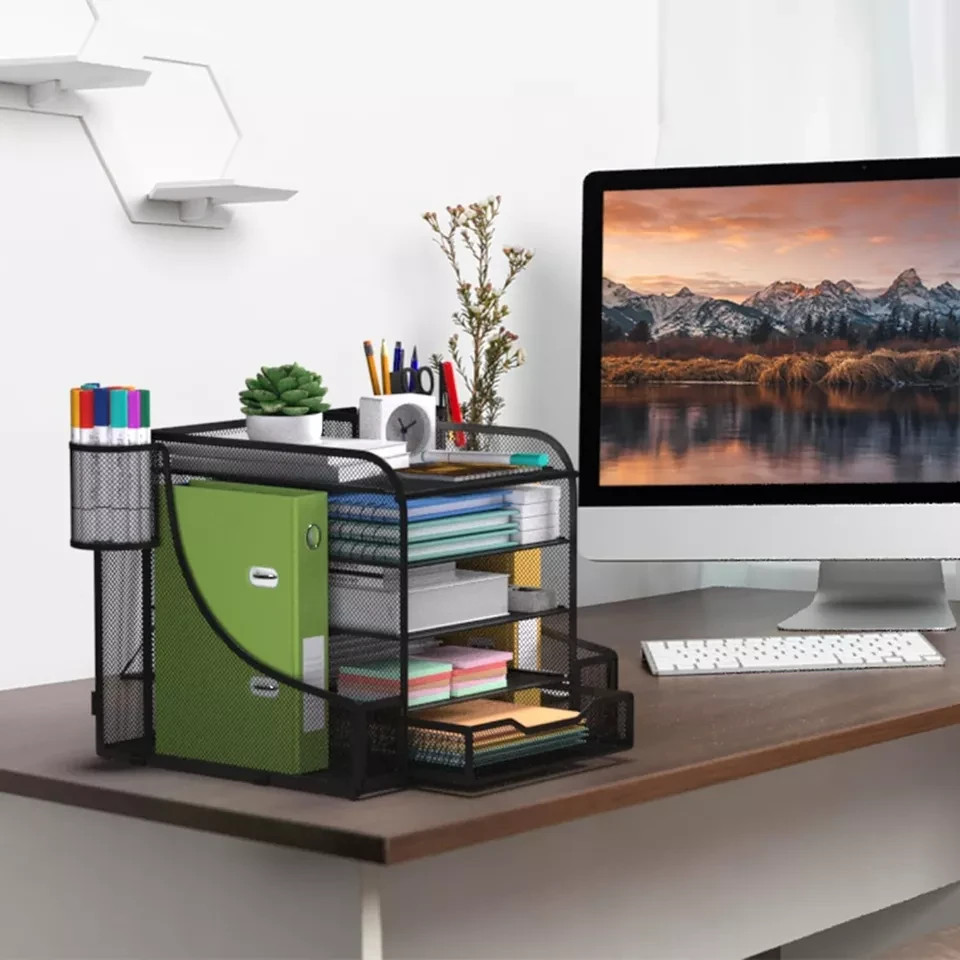 5 Tier Mesh Desktop Organizer System – Mail Folder Organizer Pencil File Holder