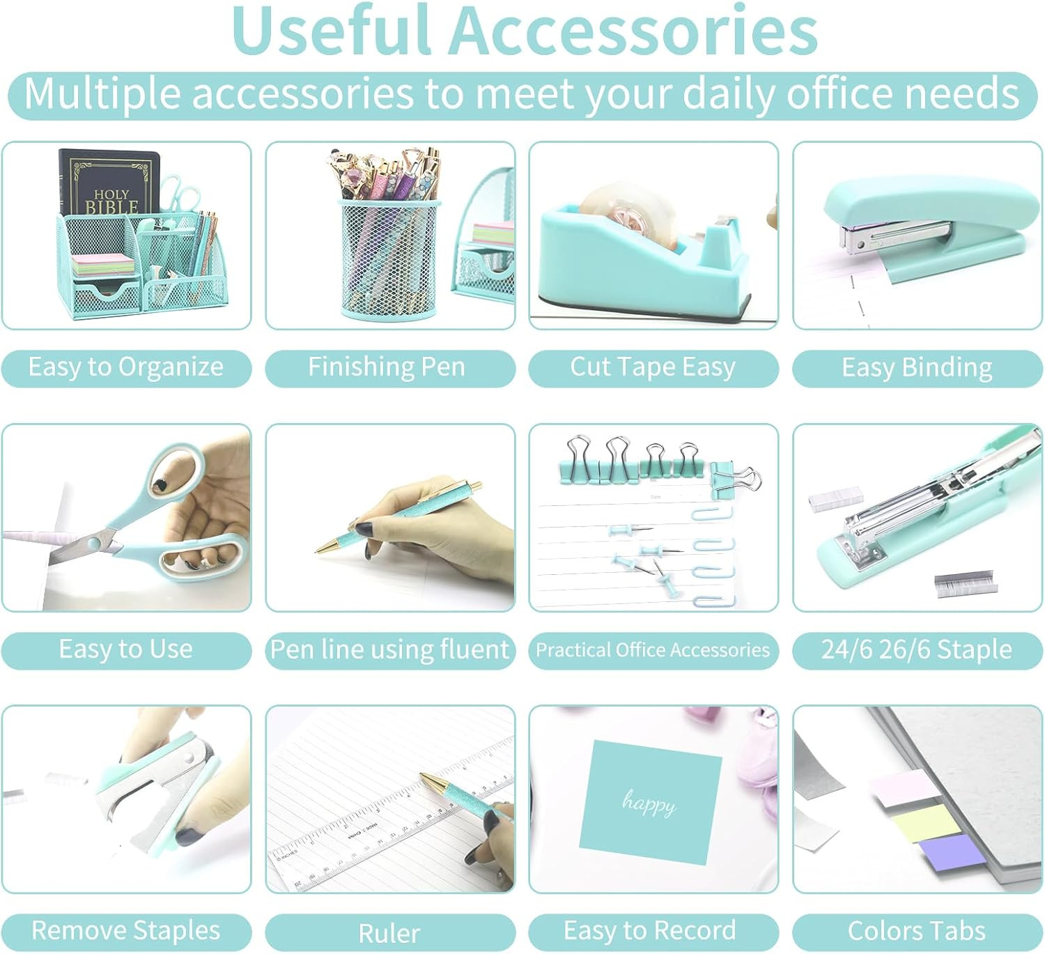 12 in 1 Green Desk Organizers & Accessories Set, Office Supplies Include Stapler