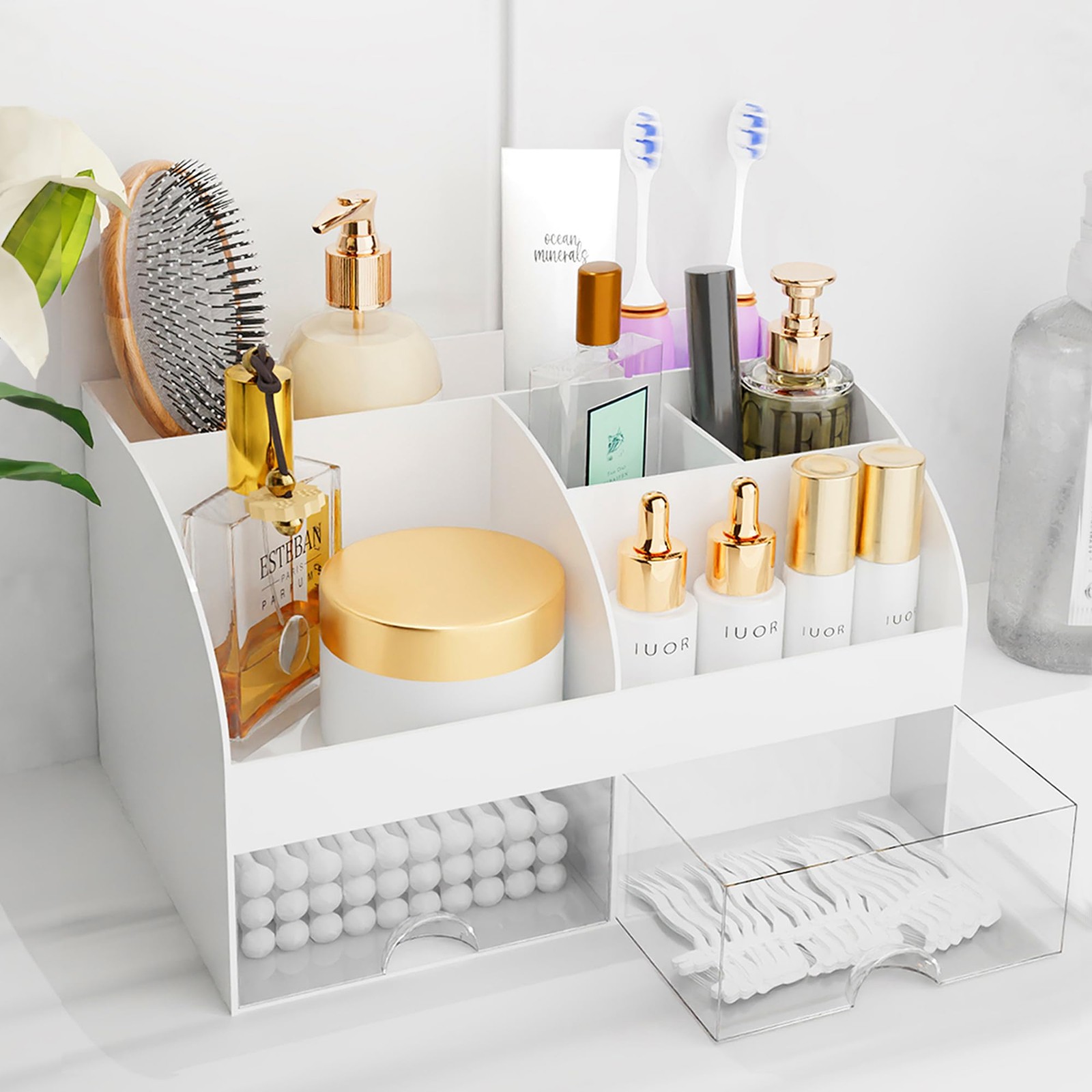 Makeup Organizer with Drawers, Cosmetic Storage for Dresser Vanity and White