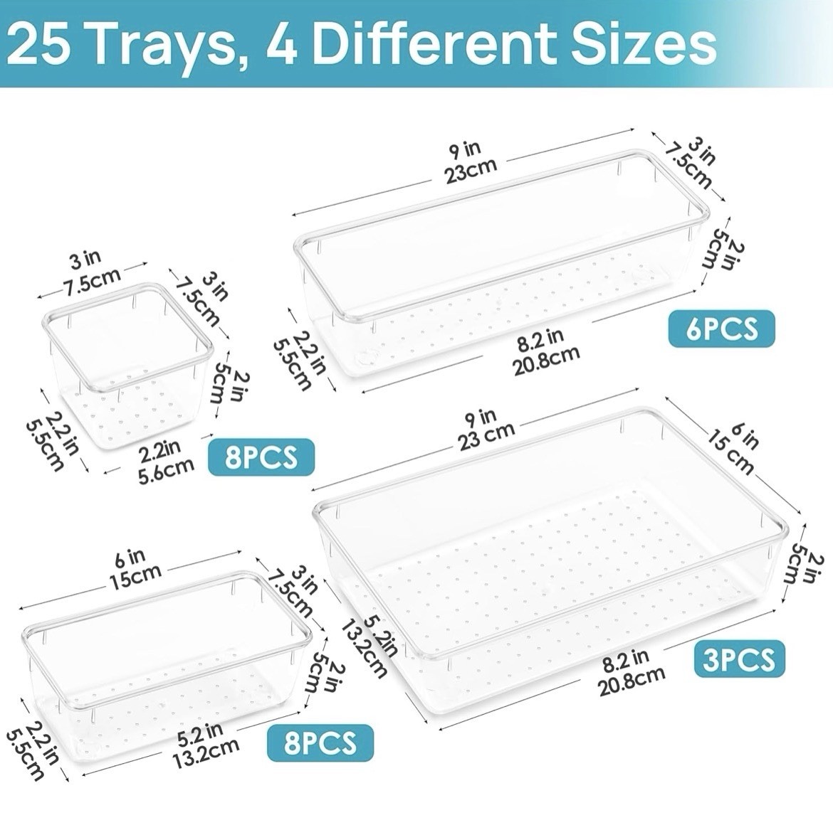 25 Pack Clear Plastic Drawer Organizer Trays Set 4 Sizes Non-Slip 100 Feet
