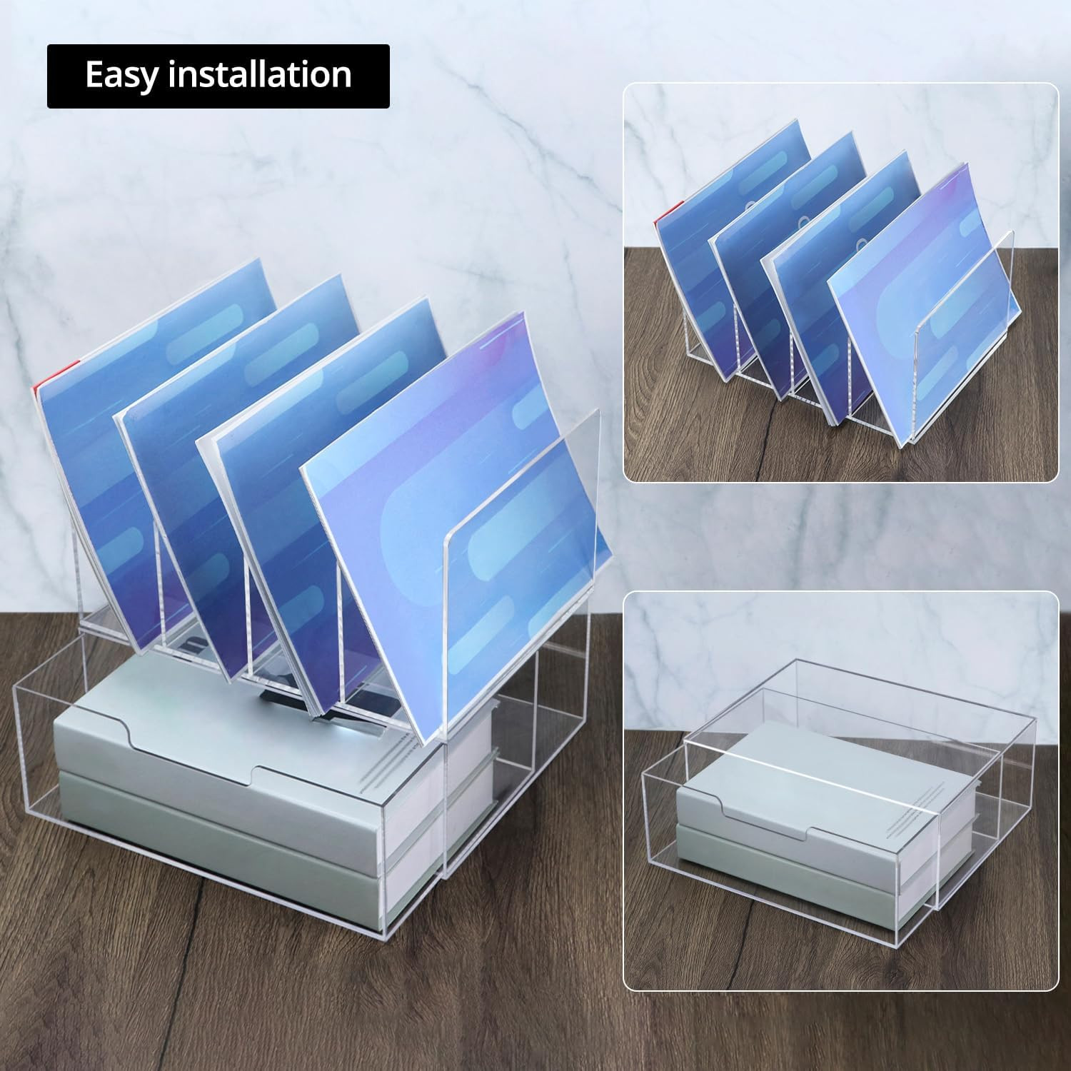 Clear Acrylic Desk Organizer with Drawer, 4-Compartment File Holder, Letter Size