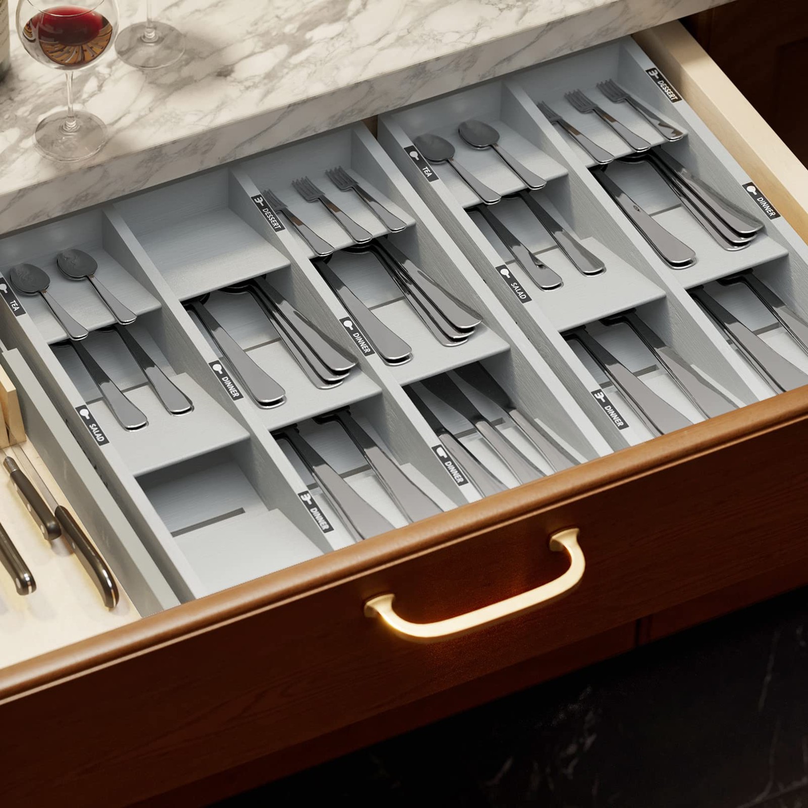 SpaceAid Bamboo Silverware Drawer Organizer with 15.6″L x 8″W x 2.4″H, Gray