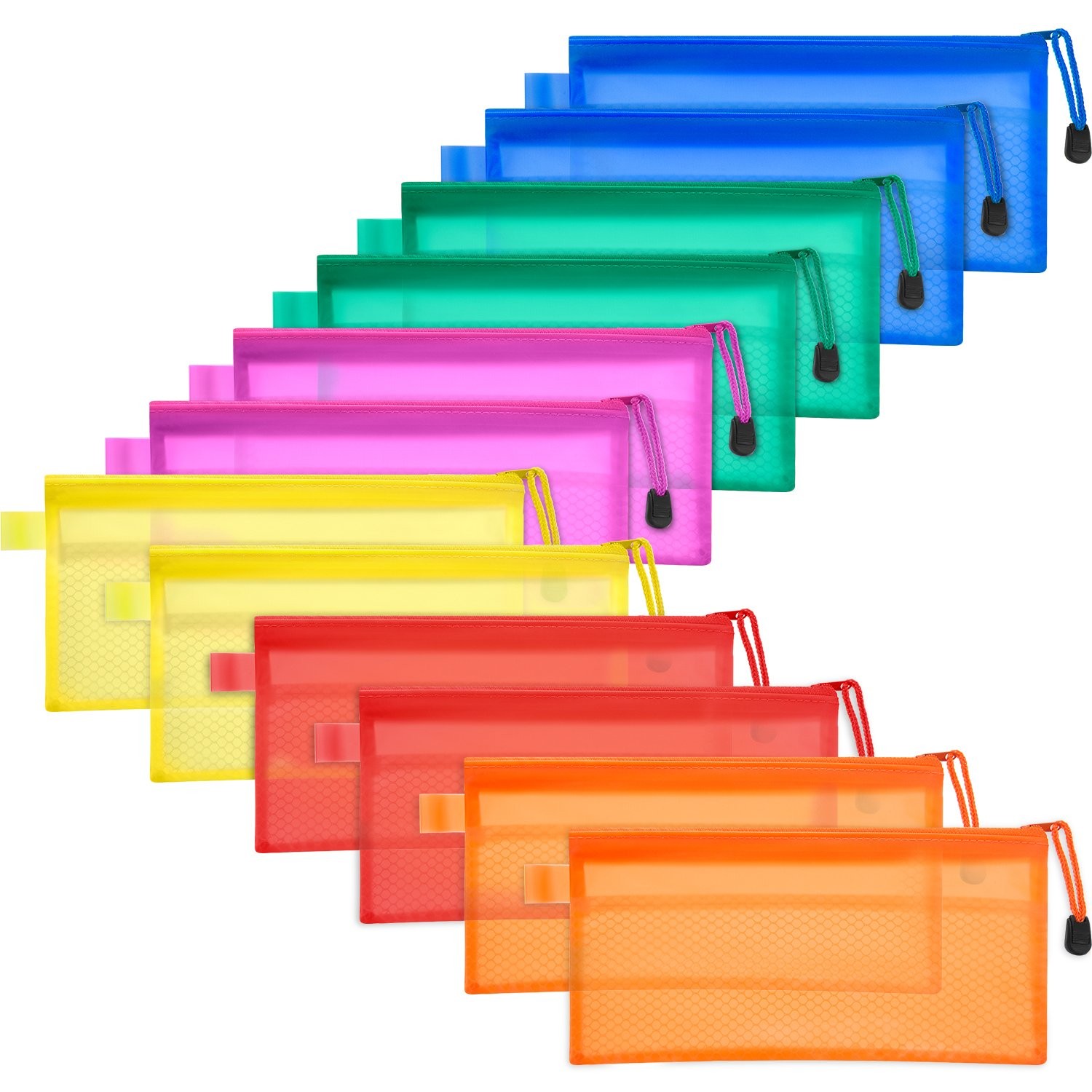 12 Pieces 6 Colors Pencil Pouch Zipper File Bags Waterproof Plastic Double Layer