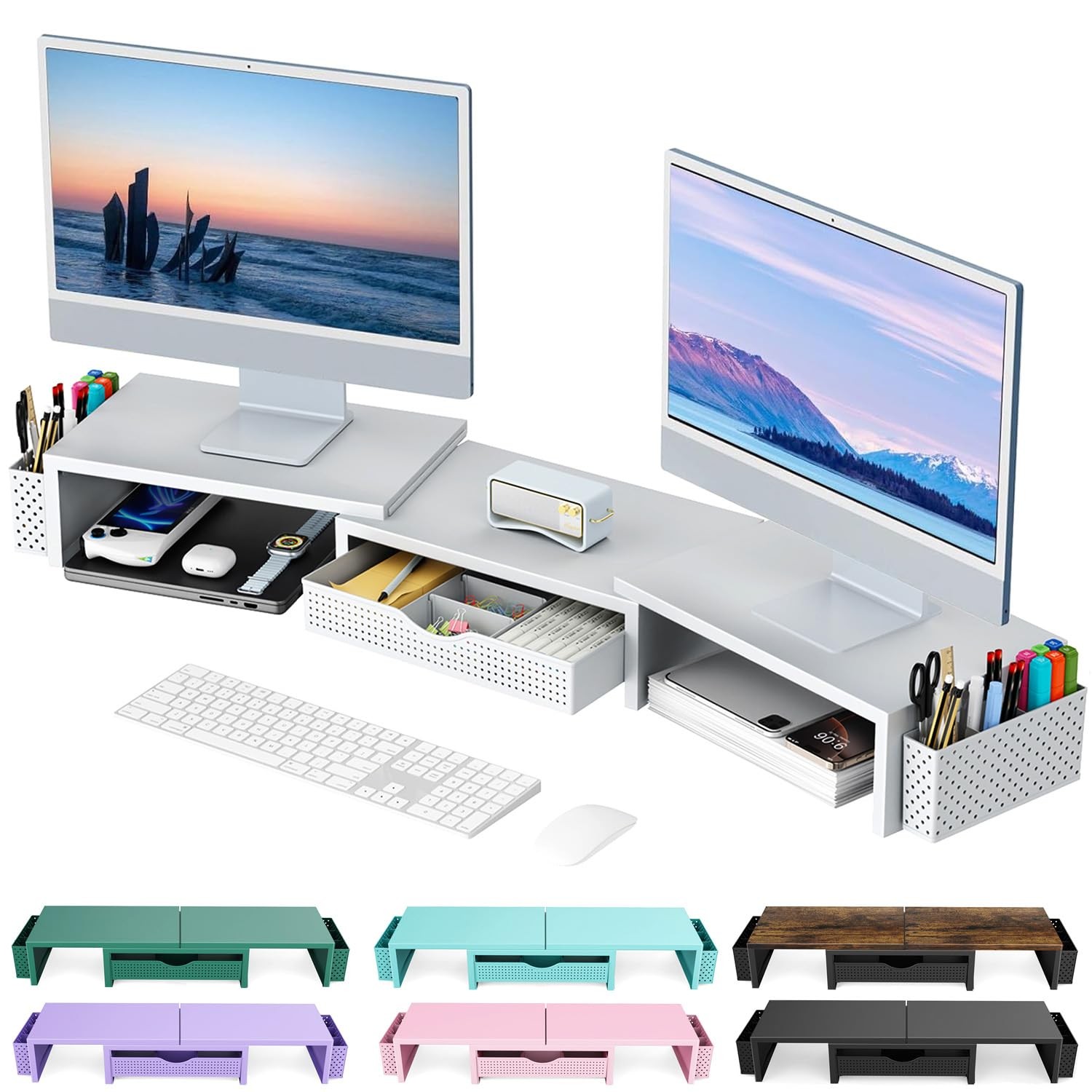 gianotter Dual Monitor Stand Riser, Desk Organizer With Drawer and 2 White