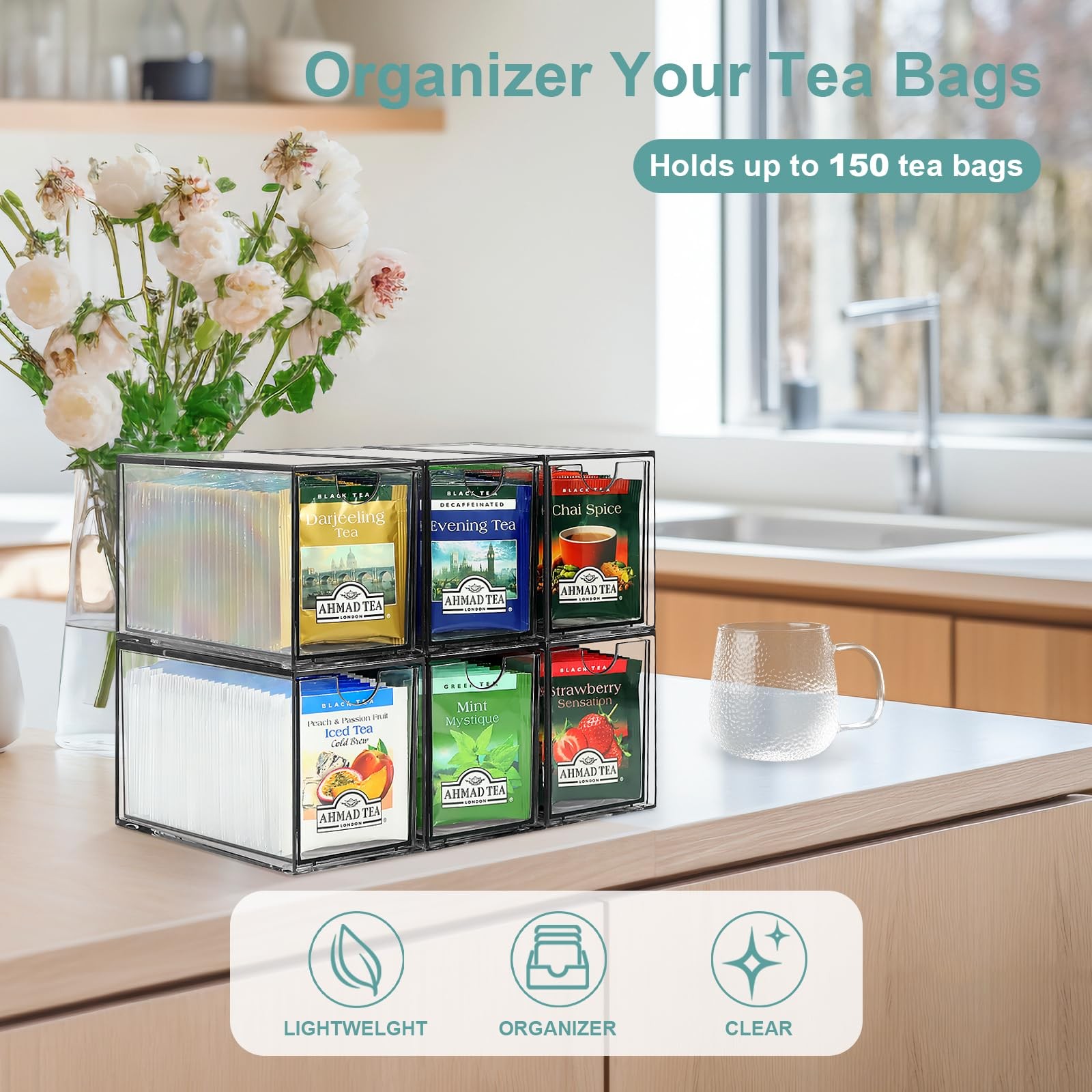 6 Tea Bag Organizer and Storage, Acrylic 6.5″ x 3″ x 3.9″, Clear