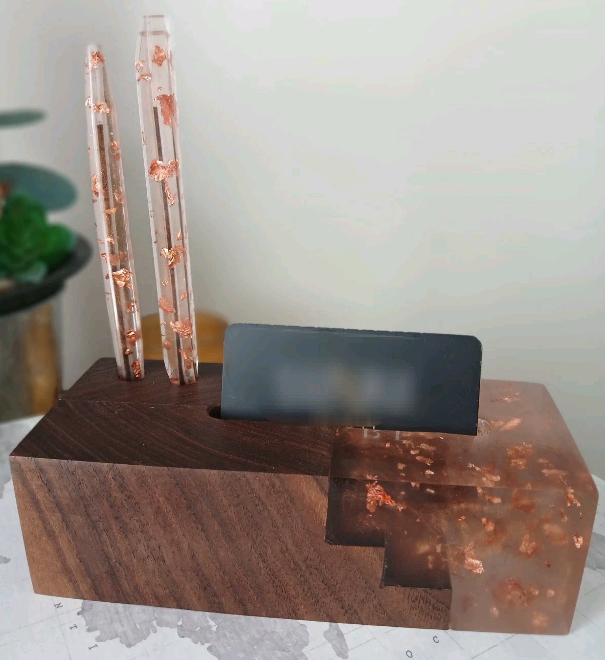 New HANDCRAFTED Resin & Wood DESK ACCESSORY SET Business Card Holder Executive