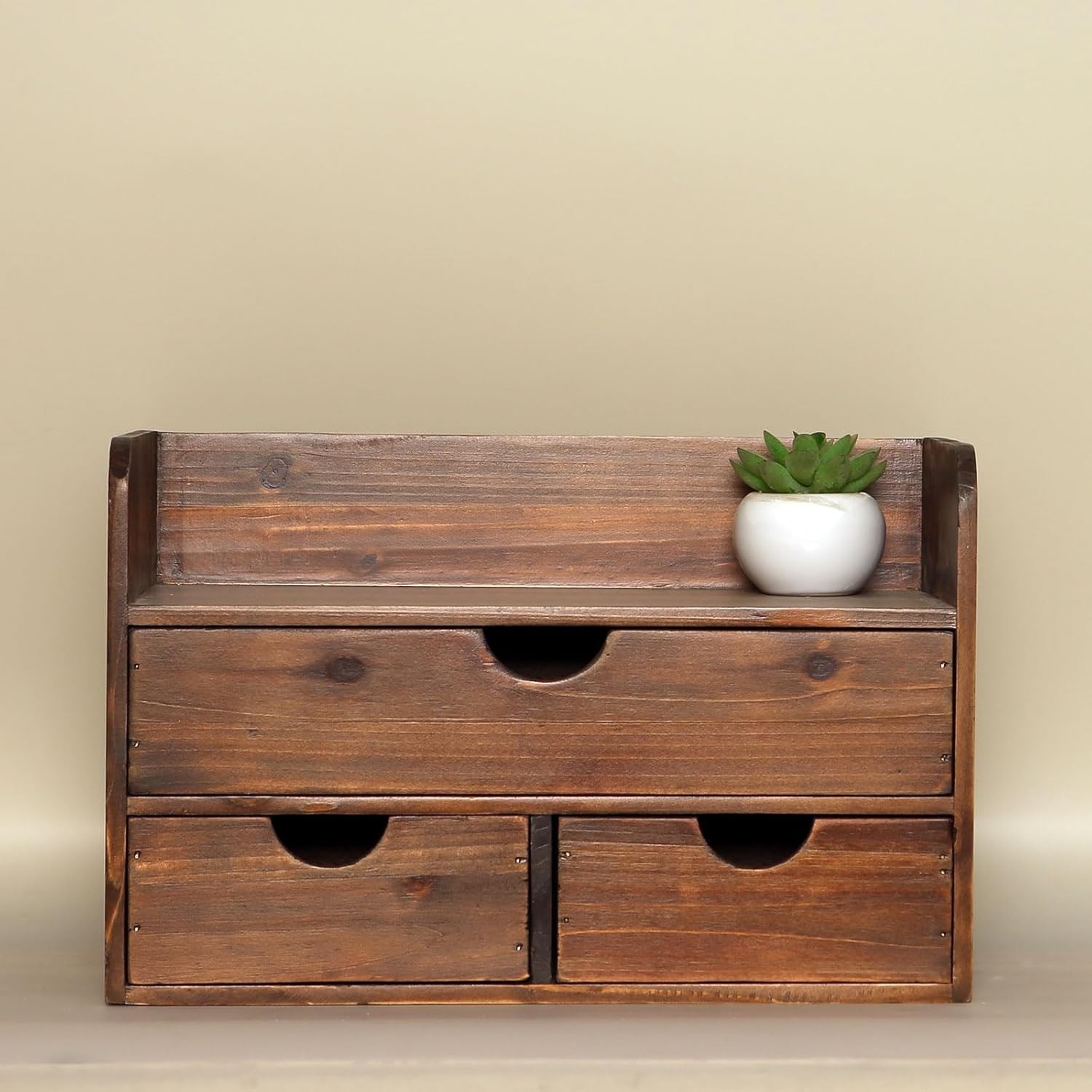 Wooden Desk Organizer 3 Drawers Shelf Rustic Brown