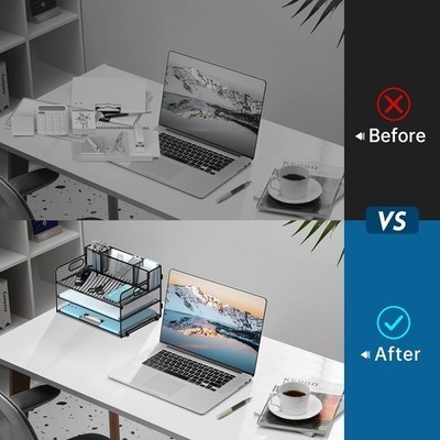 3 Tier Desk File Organizer with Pen Holder, Mesh Paper Tray File Organizer for