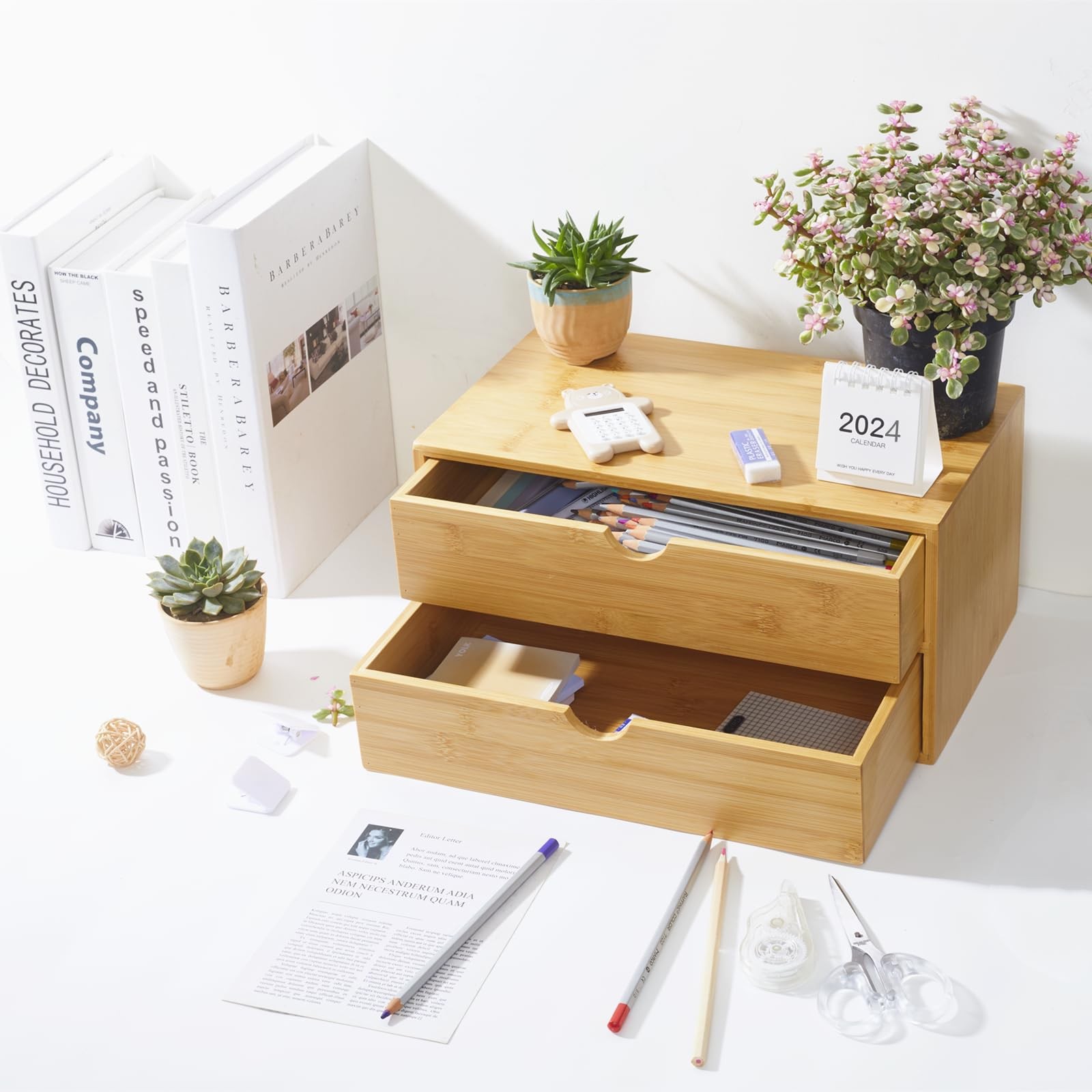 Bamboo Desk Organizer with Drawers, Countertop Organizer with Drawers Makeup …