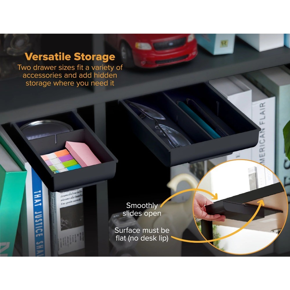 Desk Drawer for Organization, Self-Adhesive Under Desk Storage, Black, Pack of 2
