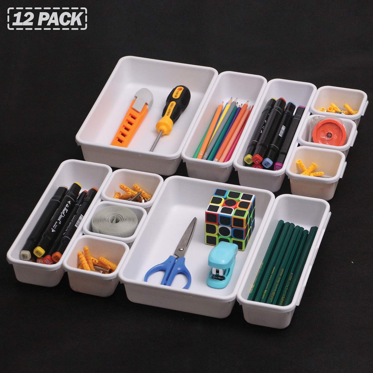 Set of 12 Interlocking Desk Drawer Organizer Tray Dividers Plastic White