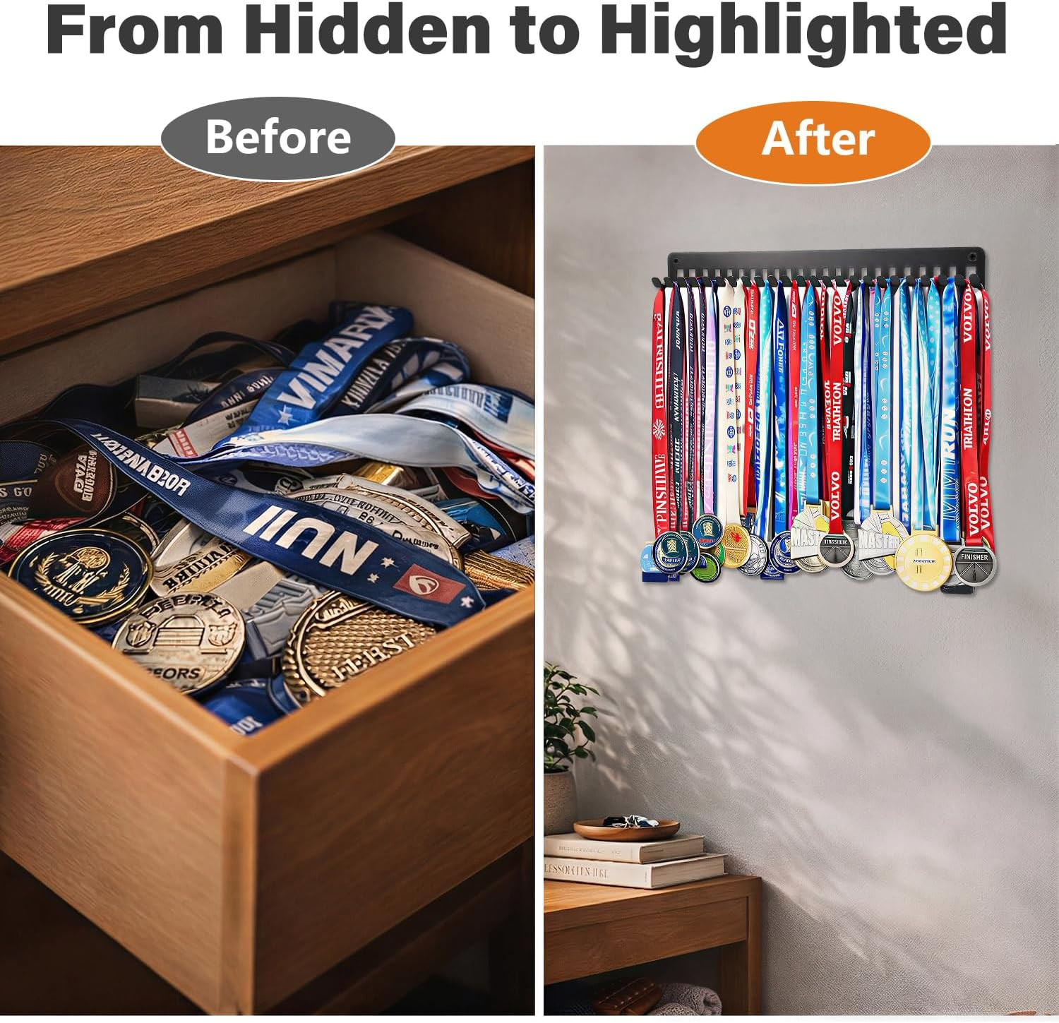 Wall Mounted Medal Holder Organizer Rack, 15.4 Inch Metal Storage Frame with 24