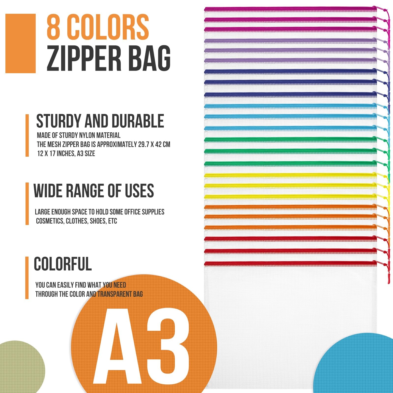 24pcs Mesh Zipper Pouch File Bags Puzzle Storage Bags, A3 17×12 Inches Large …