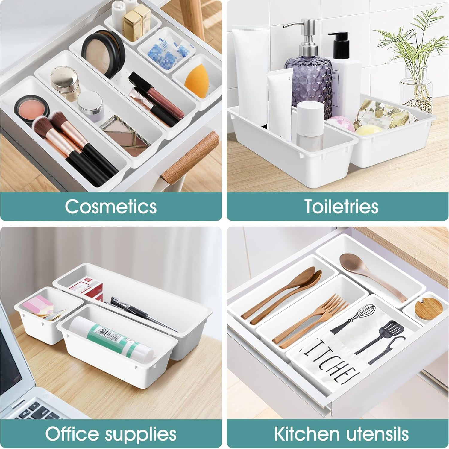 25 Pc White Plastic Drawer Organizer Set 4 Sizes for Desk Makeup Jewelry
