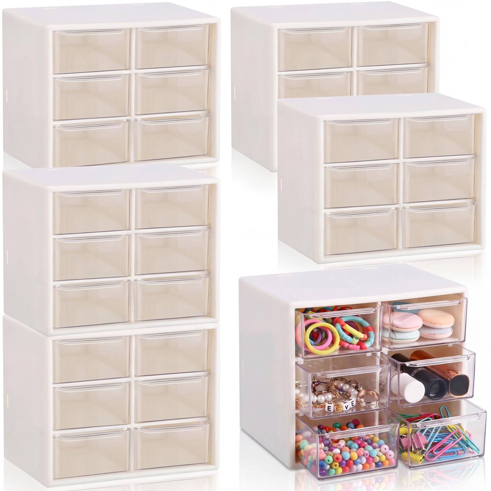 6 Pcs Small Desktop Organizer, Mini 6 Clear 4.8 x 3.8 x 4.6 inches, beige