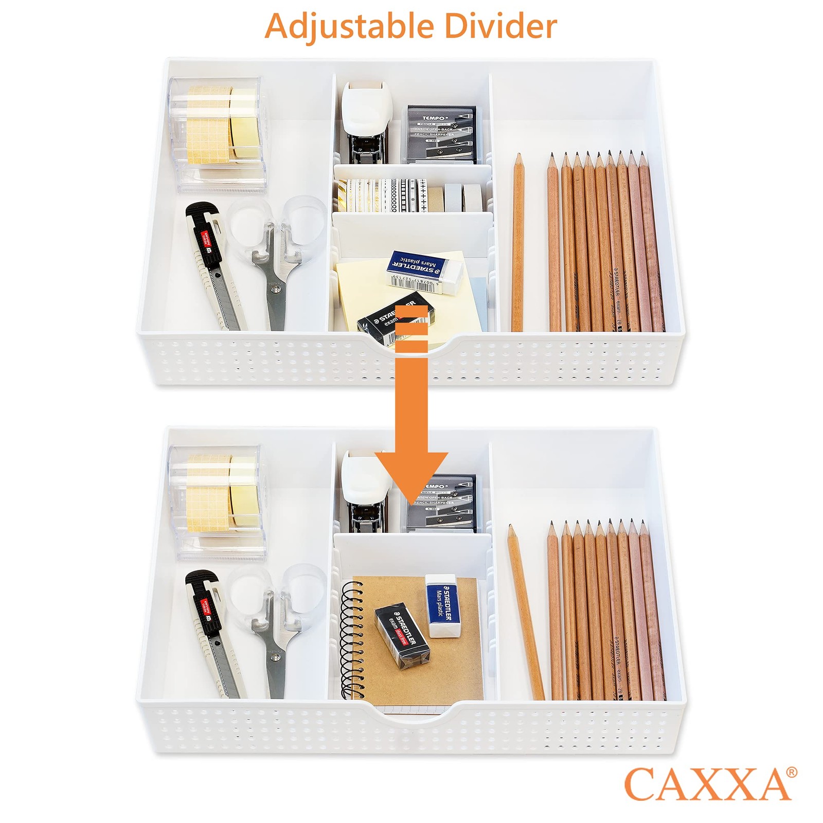 2PK – 3 Slot Drawer Organizer with Two Adjustable Dividers – 5 Compartments D…