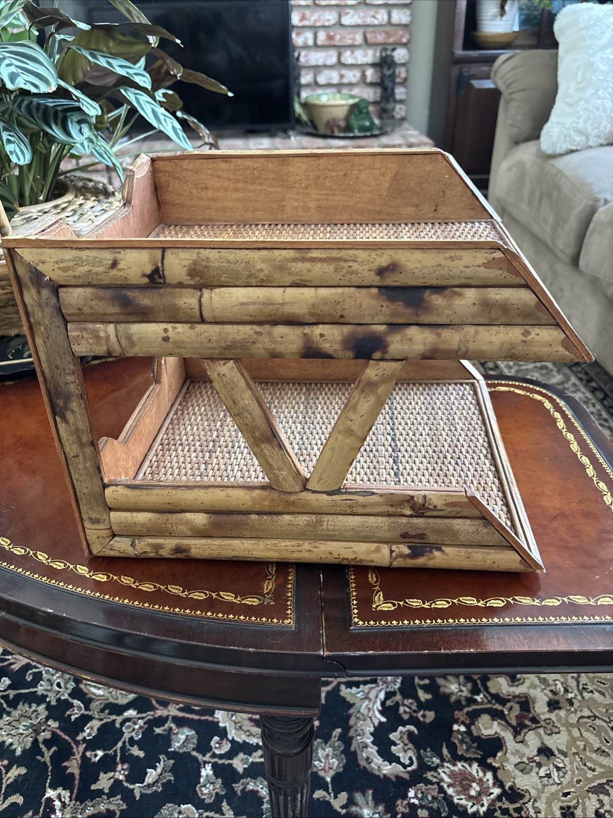 Bamboo Woven Rattan 2 Tiered Desk Organizer, Burnished 🔥 Good Condition
