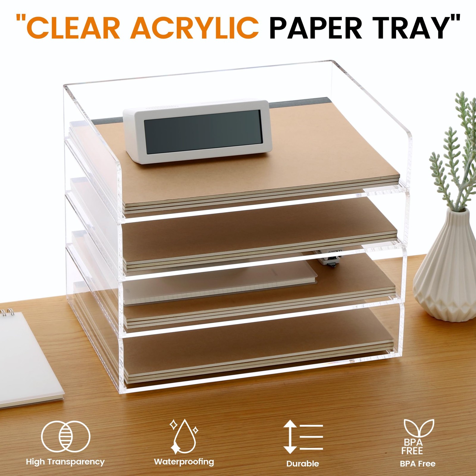 Acrylic Paper Tray, 4 Tier Paper Organizer for Desk, Clear Acrylic Desk Organ…