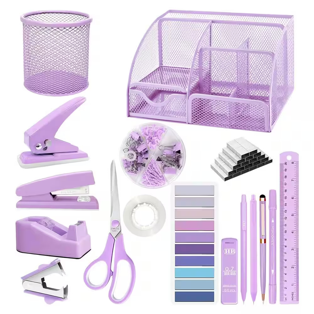 17-Pieces Purple Office Desk Accessories Set Mesh Organizer Stapler Tape Dispens