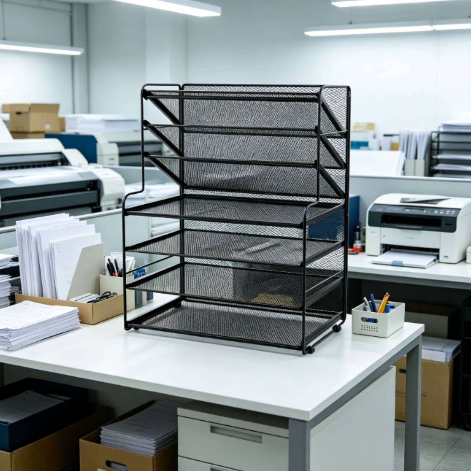 Document Rack with Side Baskets Slanted Mesh Desk Organizer Stepped for