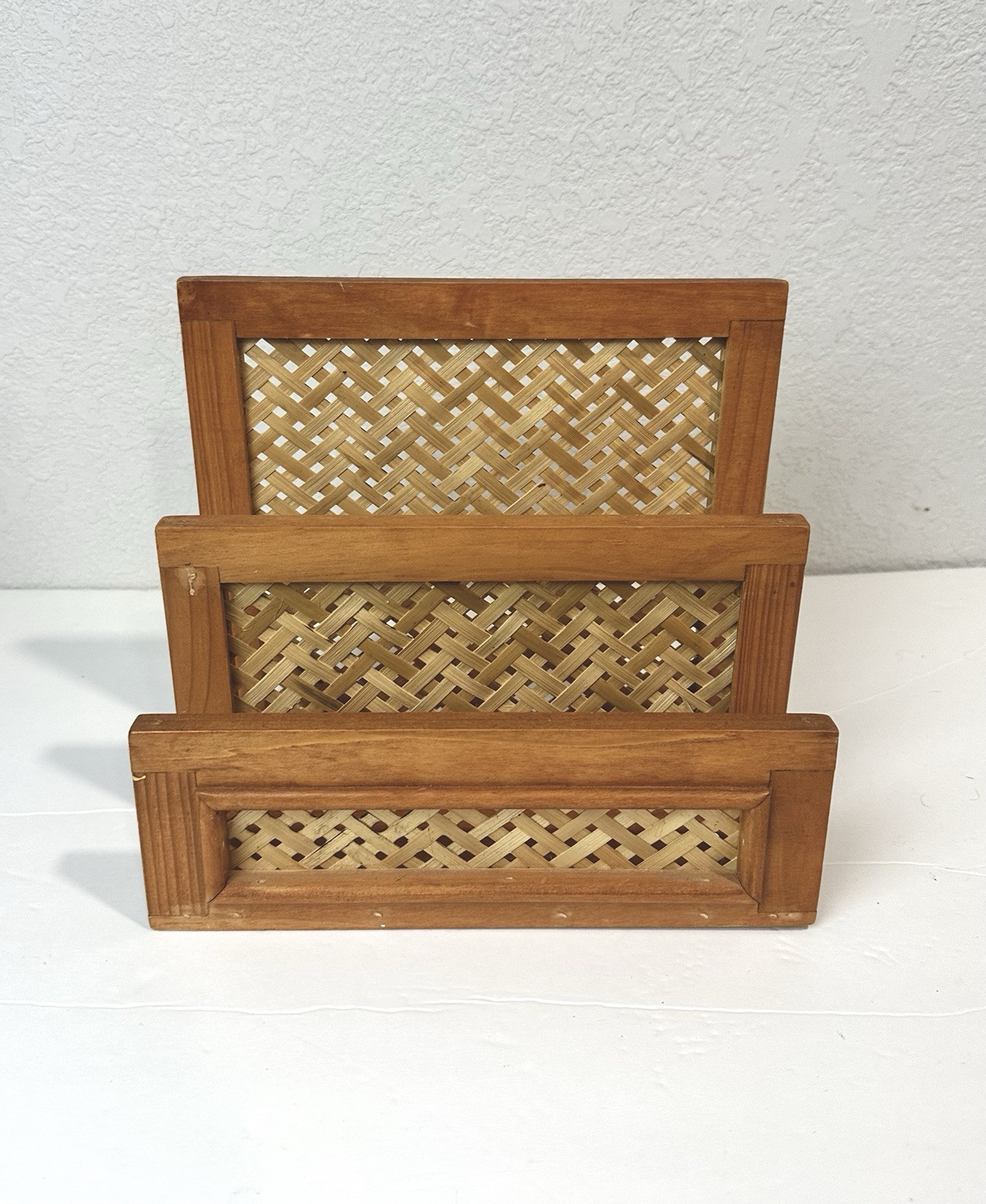 Vintage Brown Wicker & Wood Letter Holder Organizer Woven Rattan Bamboo 3 Slot