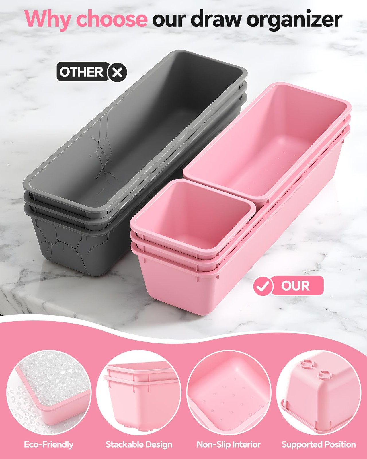 Canfanni 13 Pack Plastic Drawer Organizers Set, 3 Sizes Desk Pink