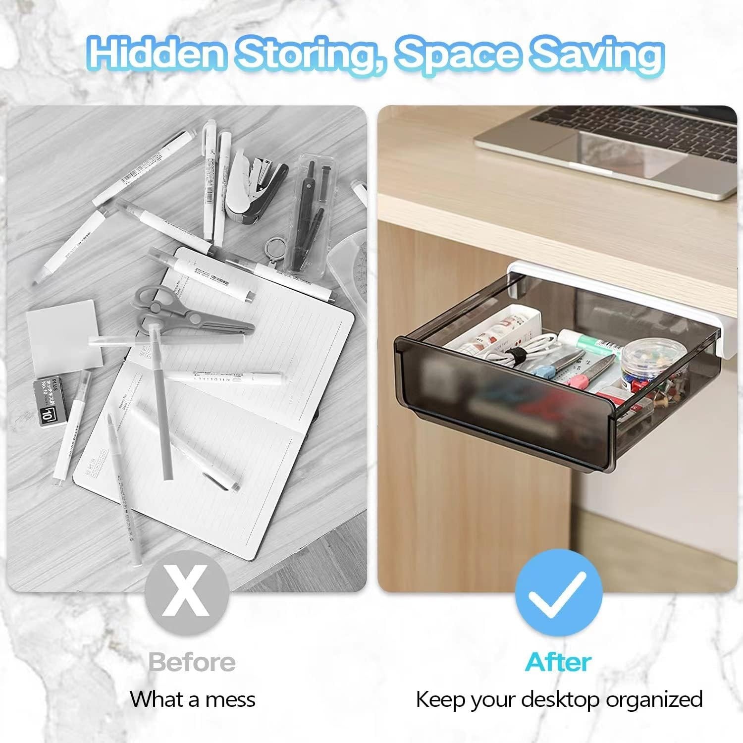 Self-adhesive Under Desk Drawer Organizer, 2 Pack Table Hidden Slide Out Larg…