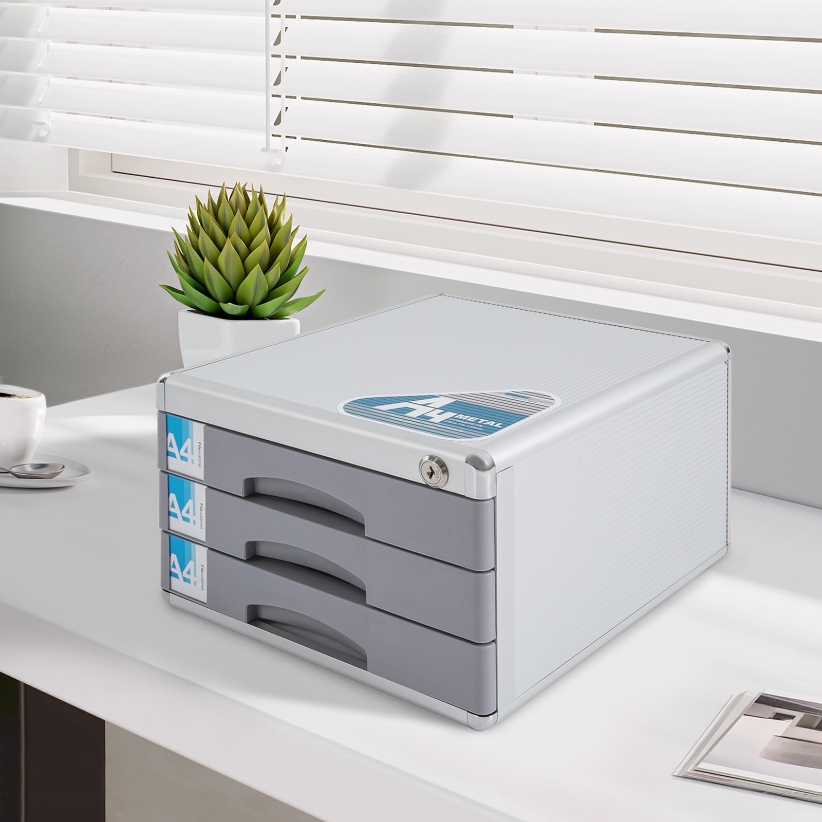 File Box Storage Filing Desk Organizer Locking File Cabinet 3 Drawers for Office