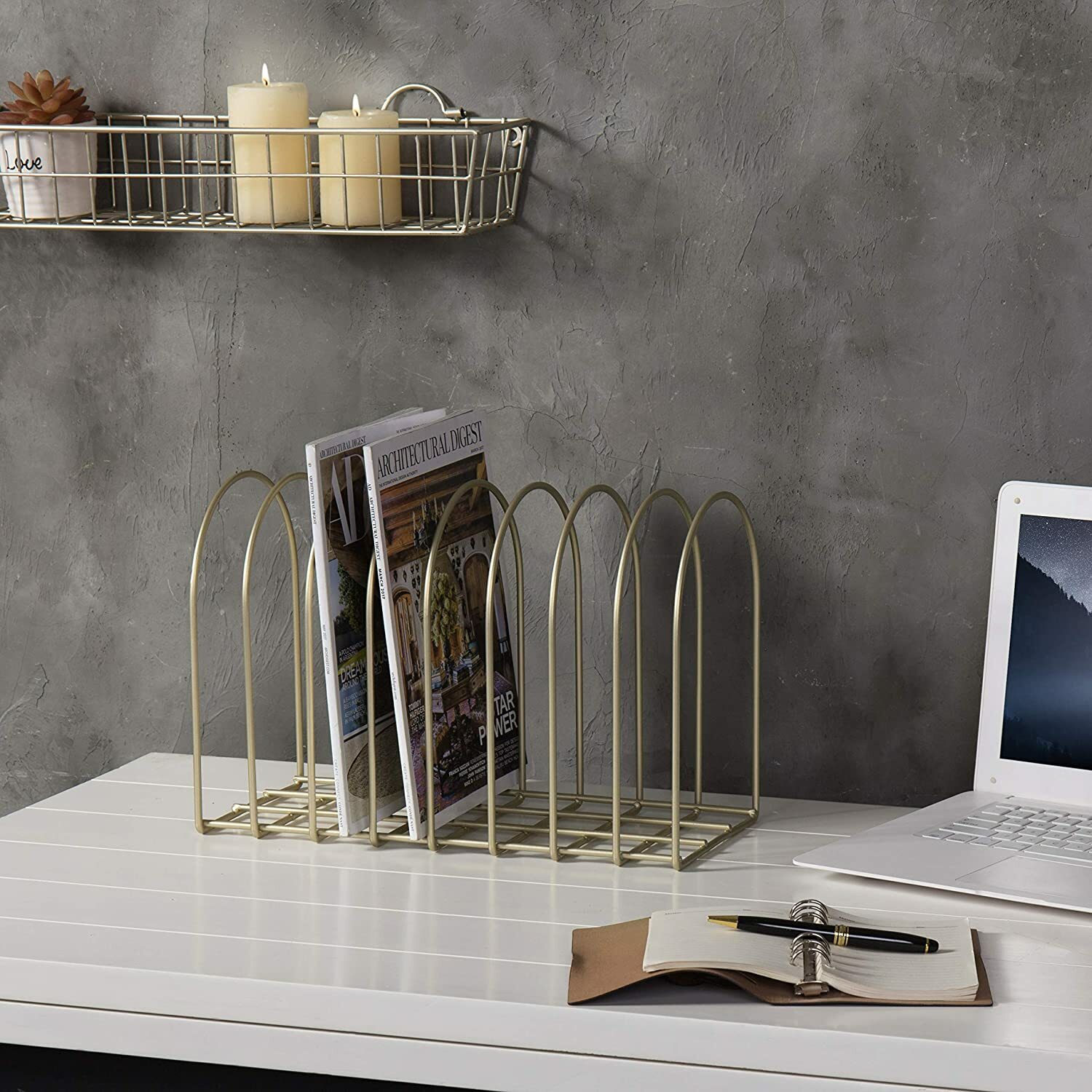 MyGift 8 Slot Vintage Brass Toned Metal Wire Arch Desktop File Folder Rack