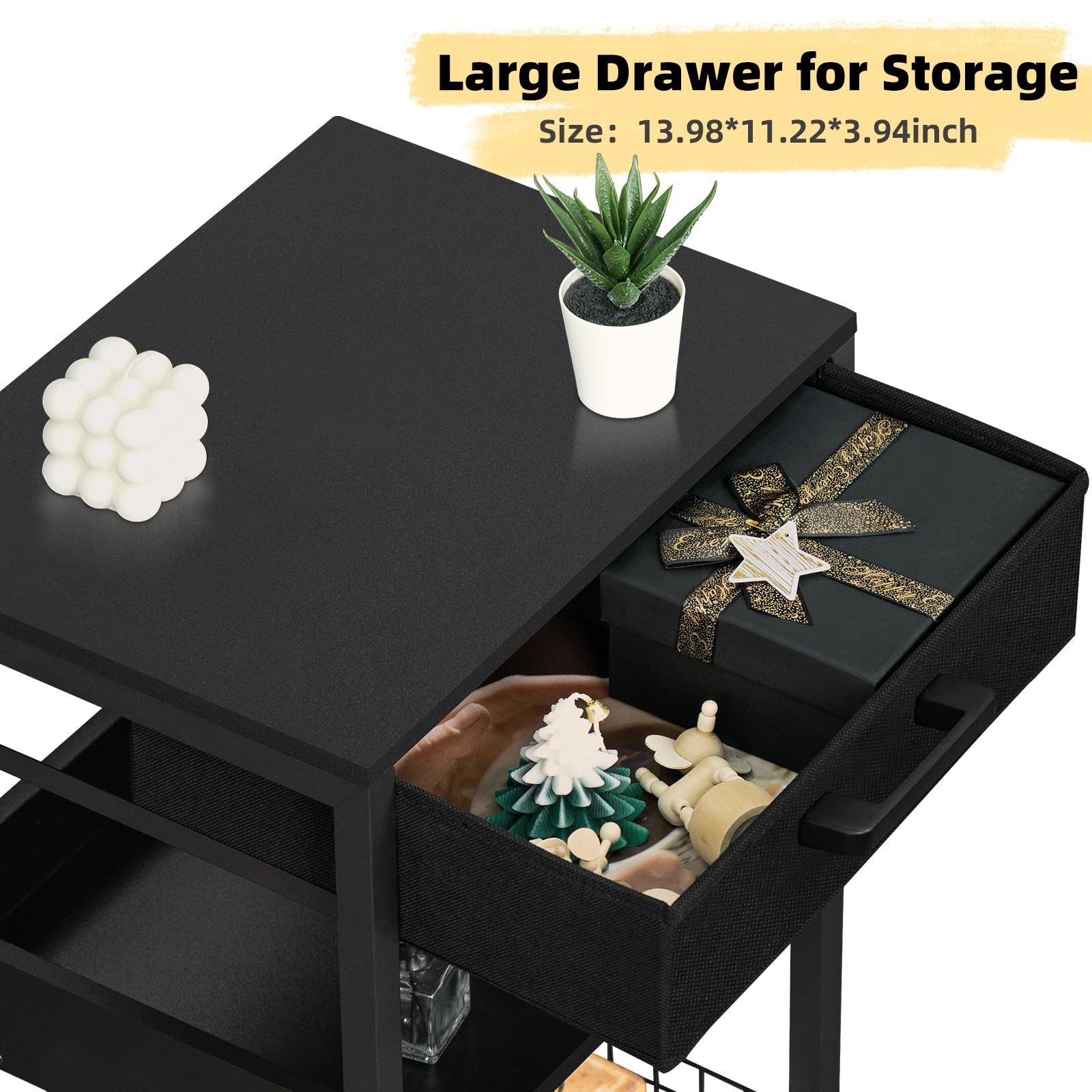 Lerliuo Pure Black Printer Table with Fabric Drawer,3 Tier 1 pack,