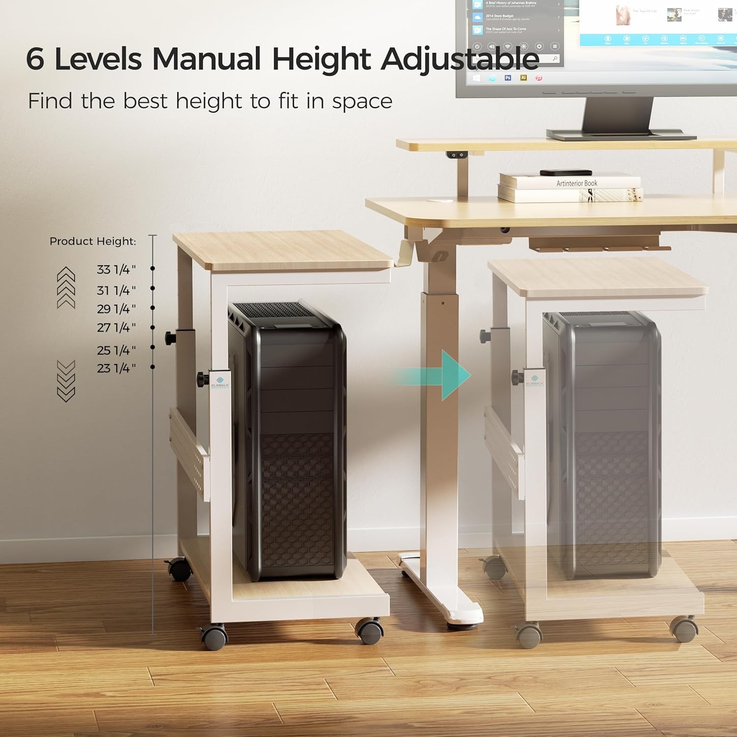 EUREKA ERGONOMIC PC Stand Computer Cart, Height Adjustable Tower Maple