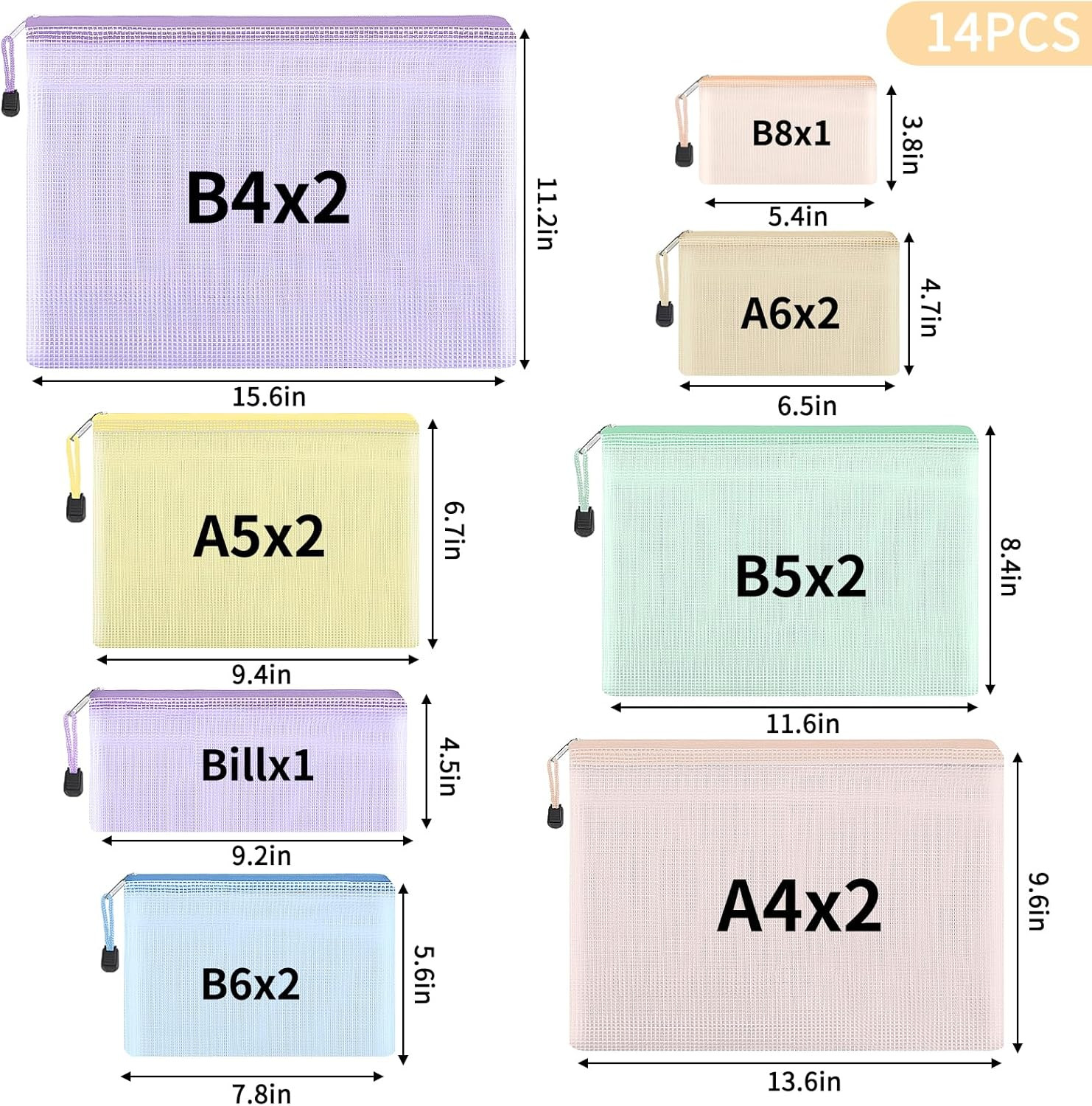 14Pcs Mesh Zipper Pouch, 8 Sizes Waterproof Zipper Bags, 7 Colors Waterproof Pla