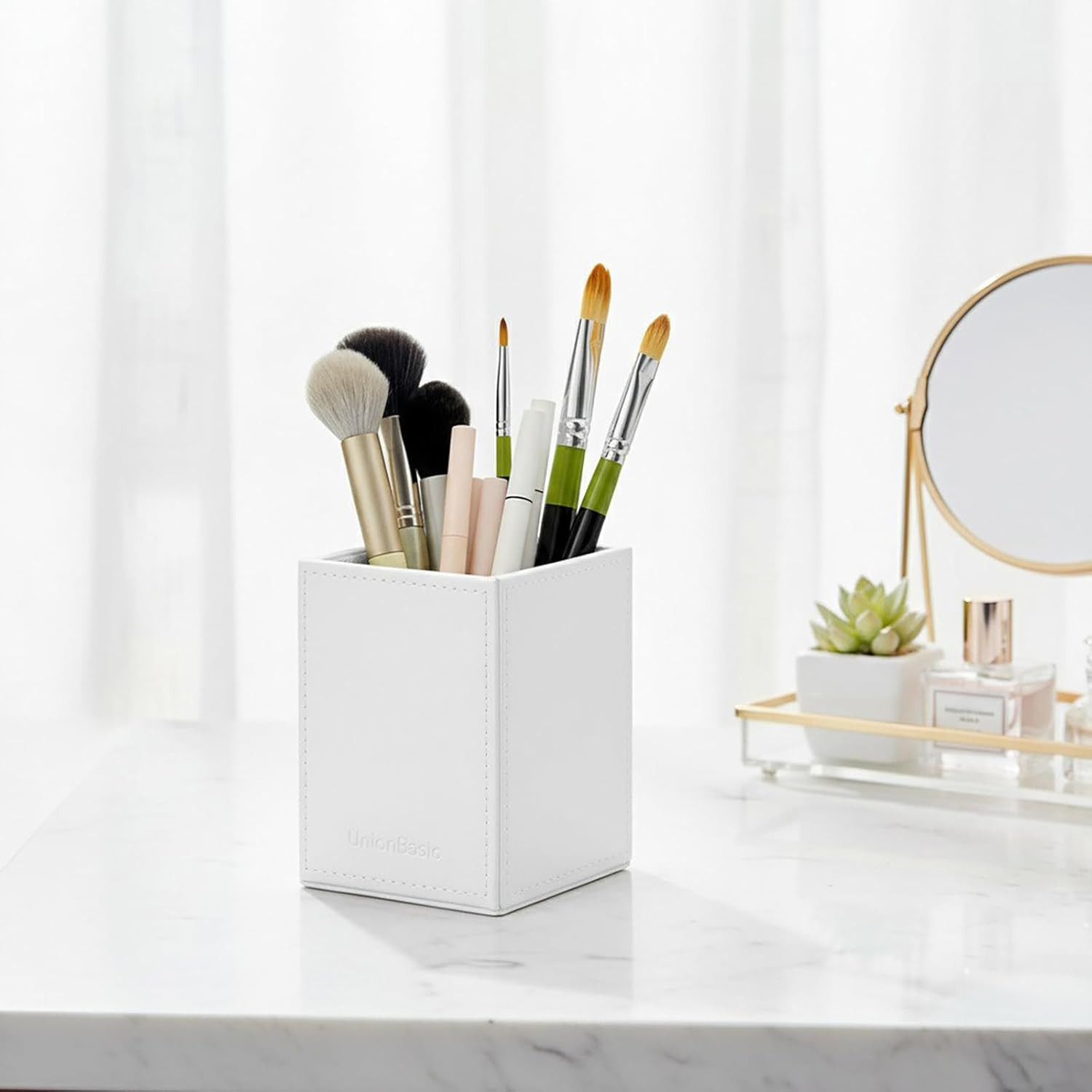 Square Pen Holder Leather Pencil Cup Desktop Caddy Stationery Organizer White