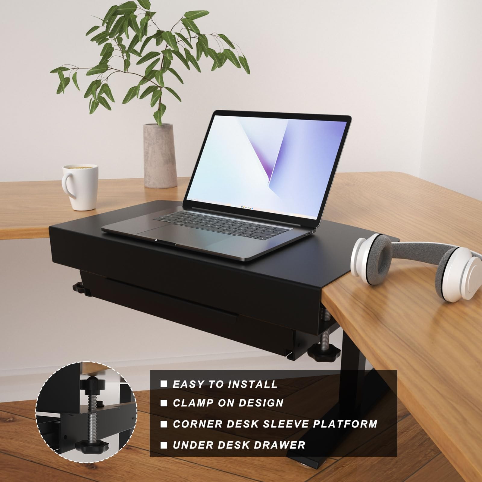 Clamp on Desk Corner Sleeve with Drawer, L Desk Connector Platform with Mount…