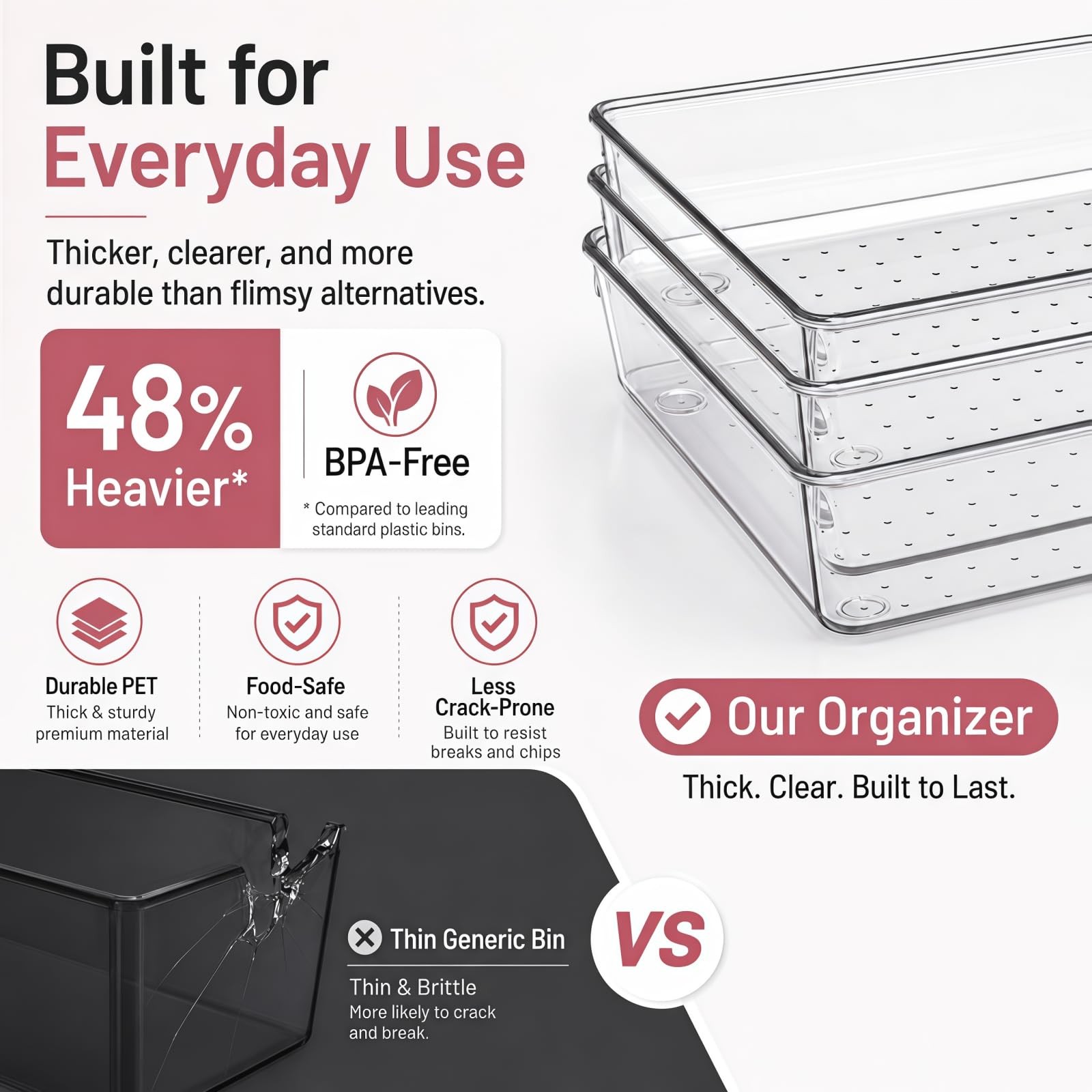 8 Pack Large Clear Plastic Drawer Organizer Bins – Acrylic Bathroom Drawer Or…