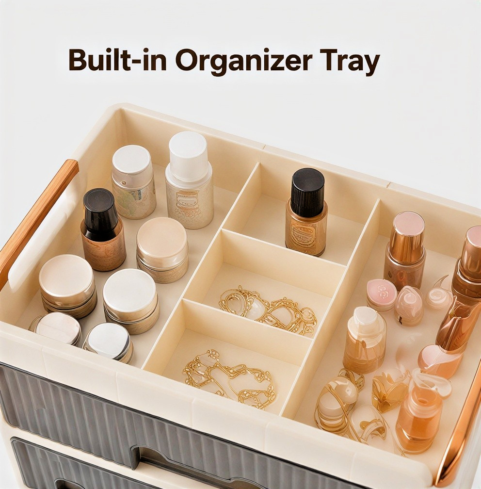 Beige Plastic Desktop Organizer w/ Easy Access Drawers + Divided Top Compartment
