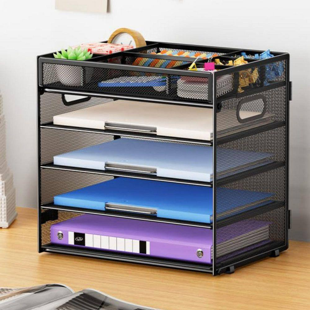 12.5 in X 10.2 in Black Metal 5-Tier Letter Tray Paper Organizer with Handle, Ad