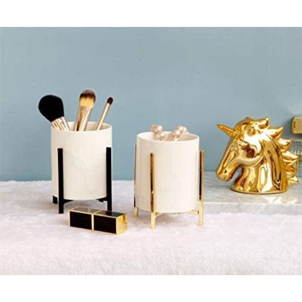Gold Pencil Cup Sturdy Metal Frame With White Pen Holder For Desks and