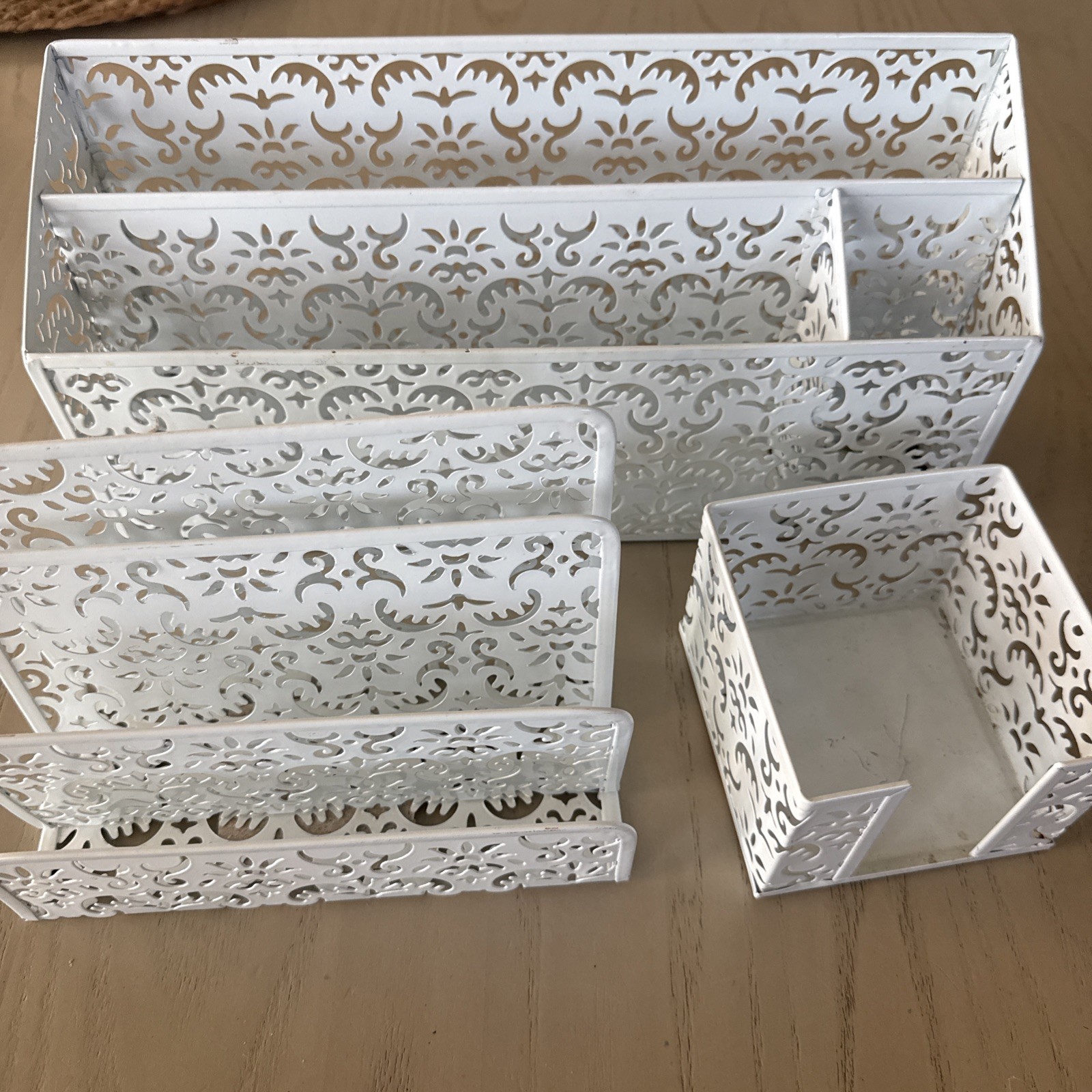 Metal Mesh White “Lace” Letter/File Holder and Magnetic/ Memo Organizer Box Vtg